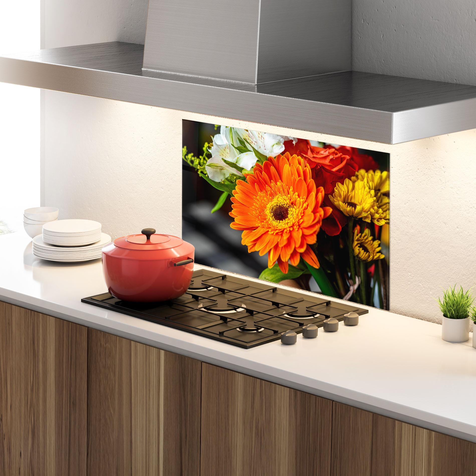 Küchenrückwand Glas Strong Orange Bouquet mockup 4