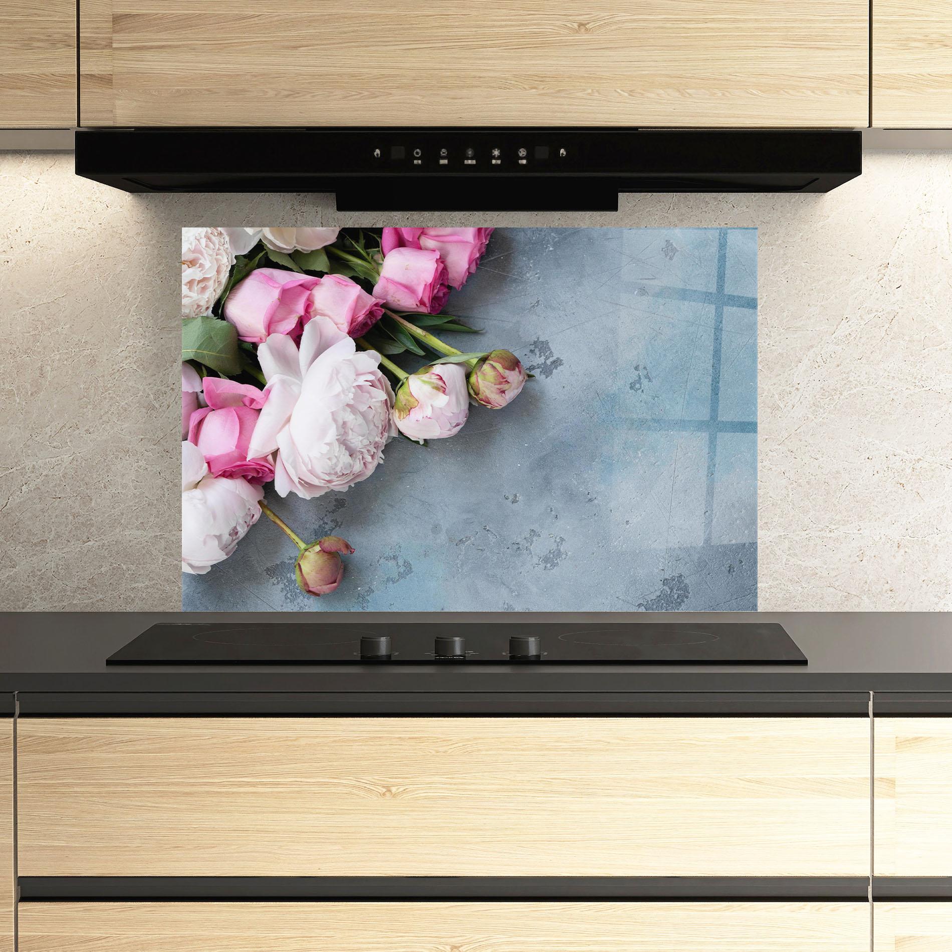 Küchenrückwand Glas Cute Pink Peonies mockup 3