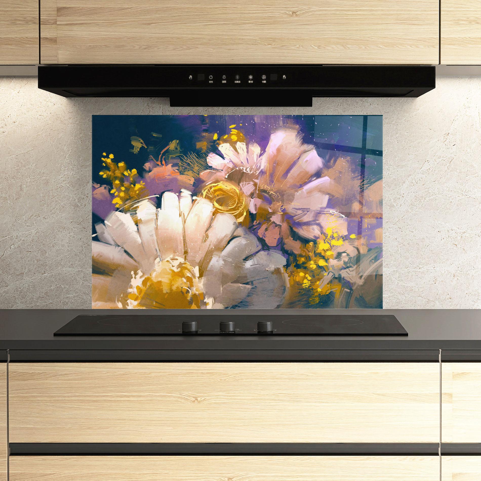 Küchenrückwand Glas Gold Purple Flowers mockup 3