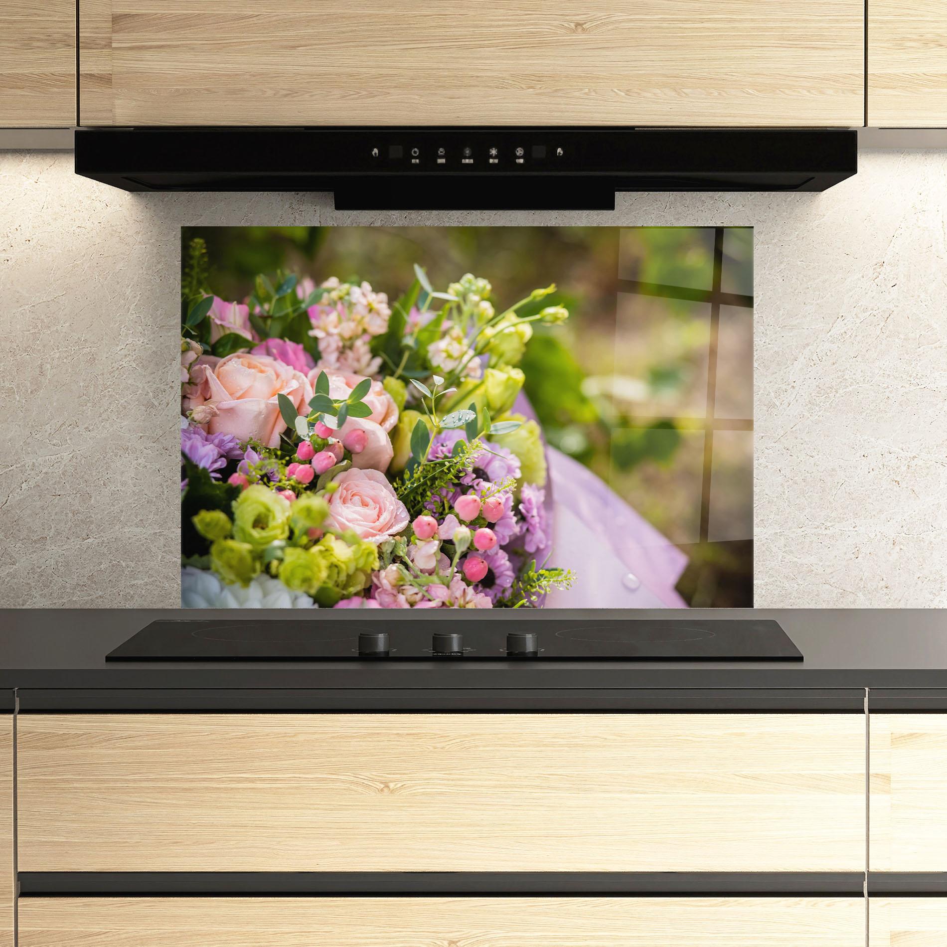 Küchenrückwand Glas Green Pink Bouquet mockup 3