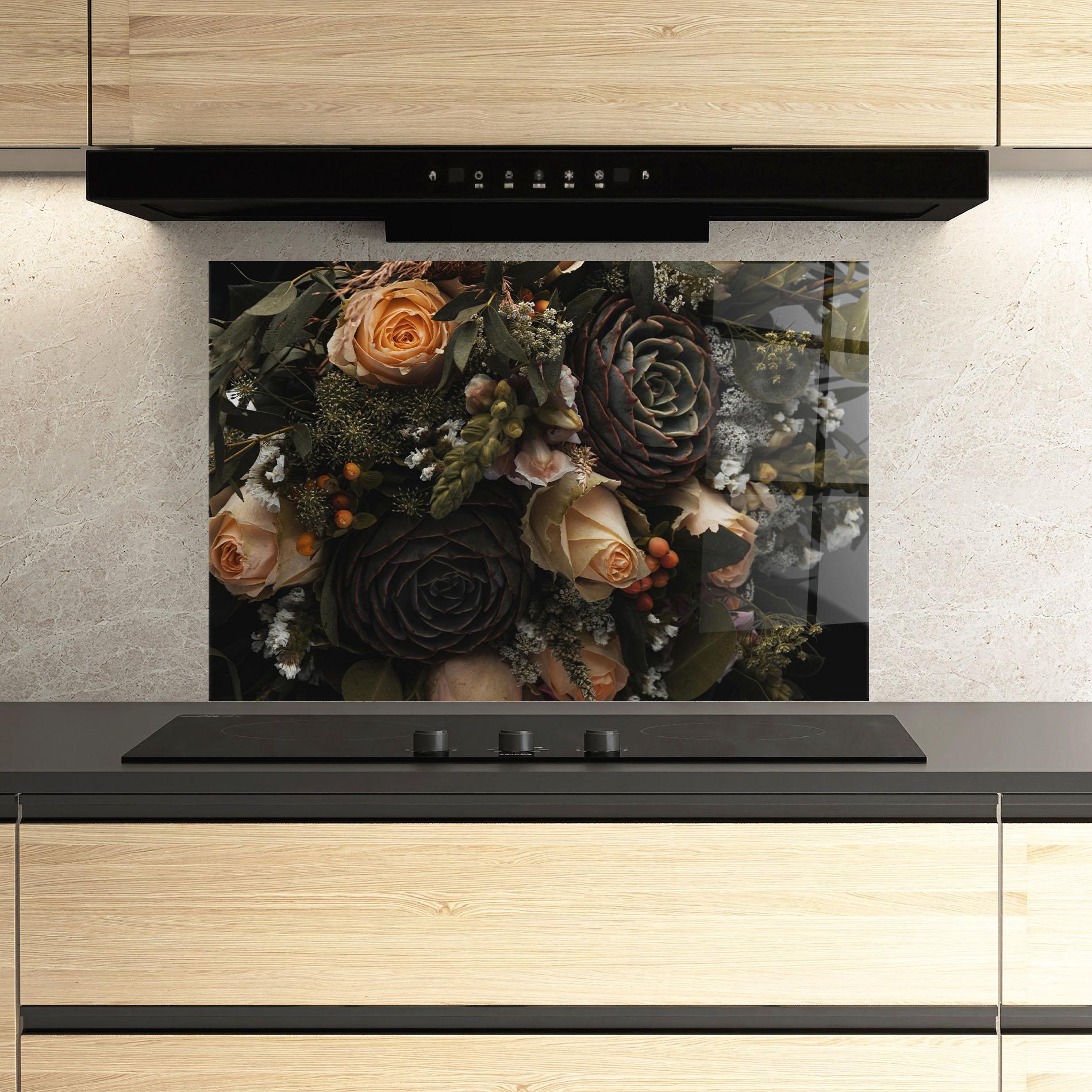 Küchenrückwand Glas Luxurious Black Bouquet mockup 3
