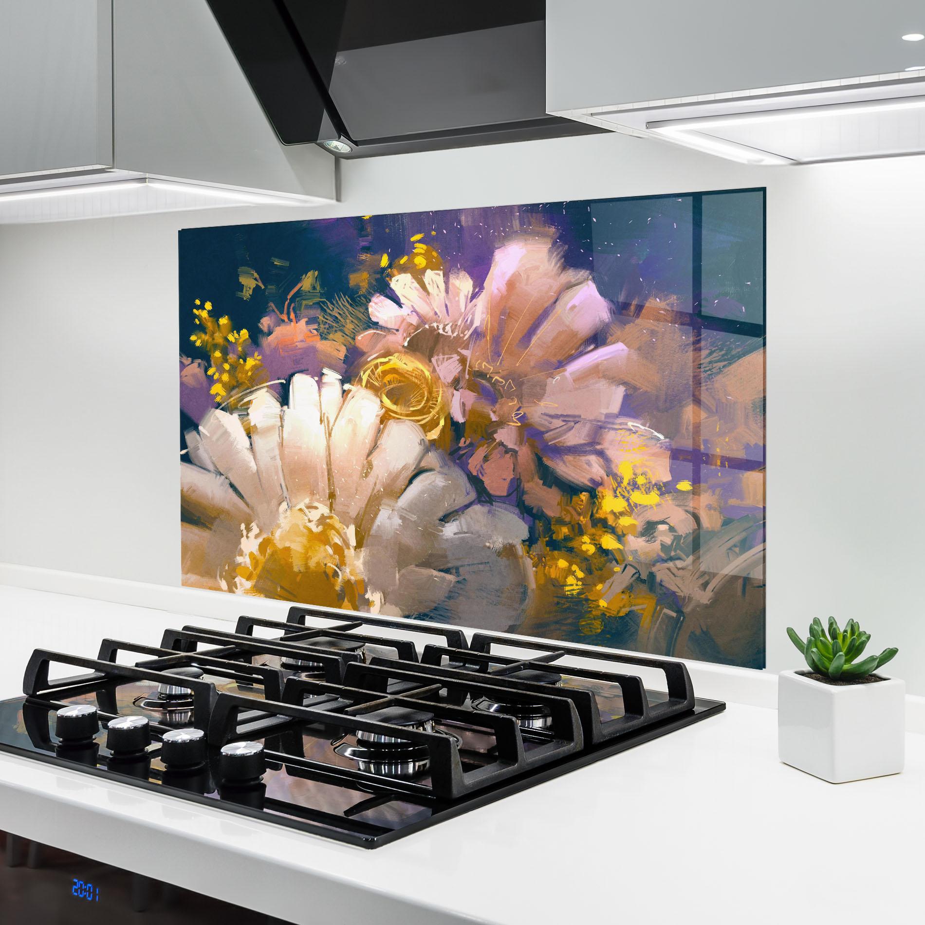 Küchenrückwand Glas Gold Purple Flowers mockup 6
