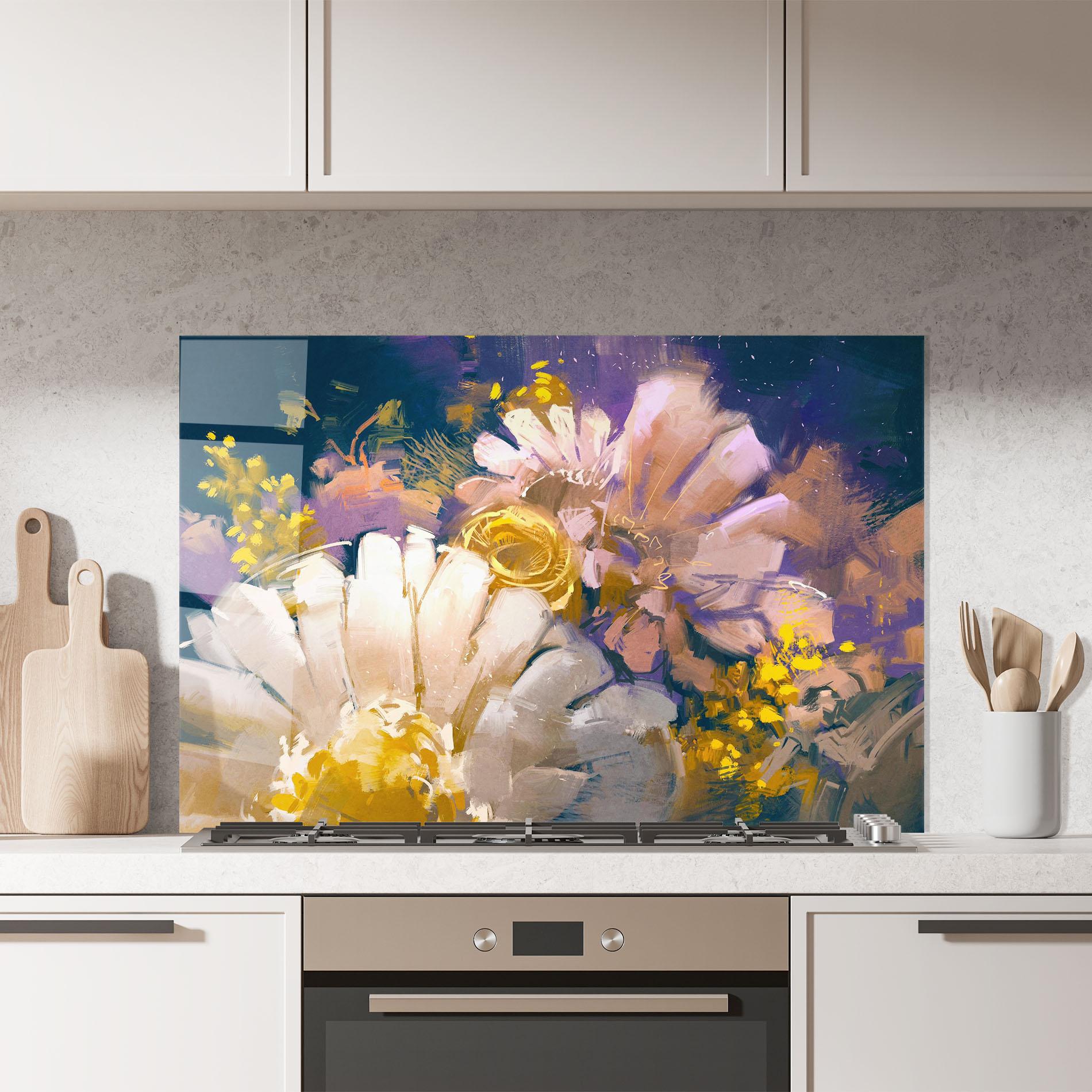 Küchenrückwand Glas Gold Purple Flowers mockup 7