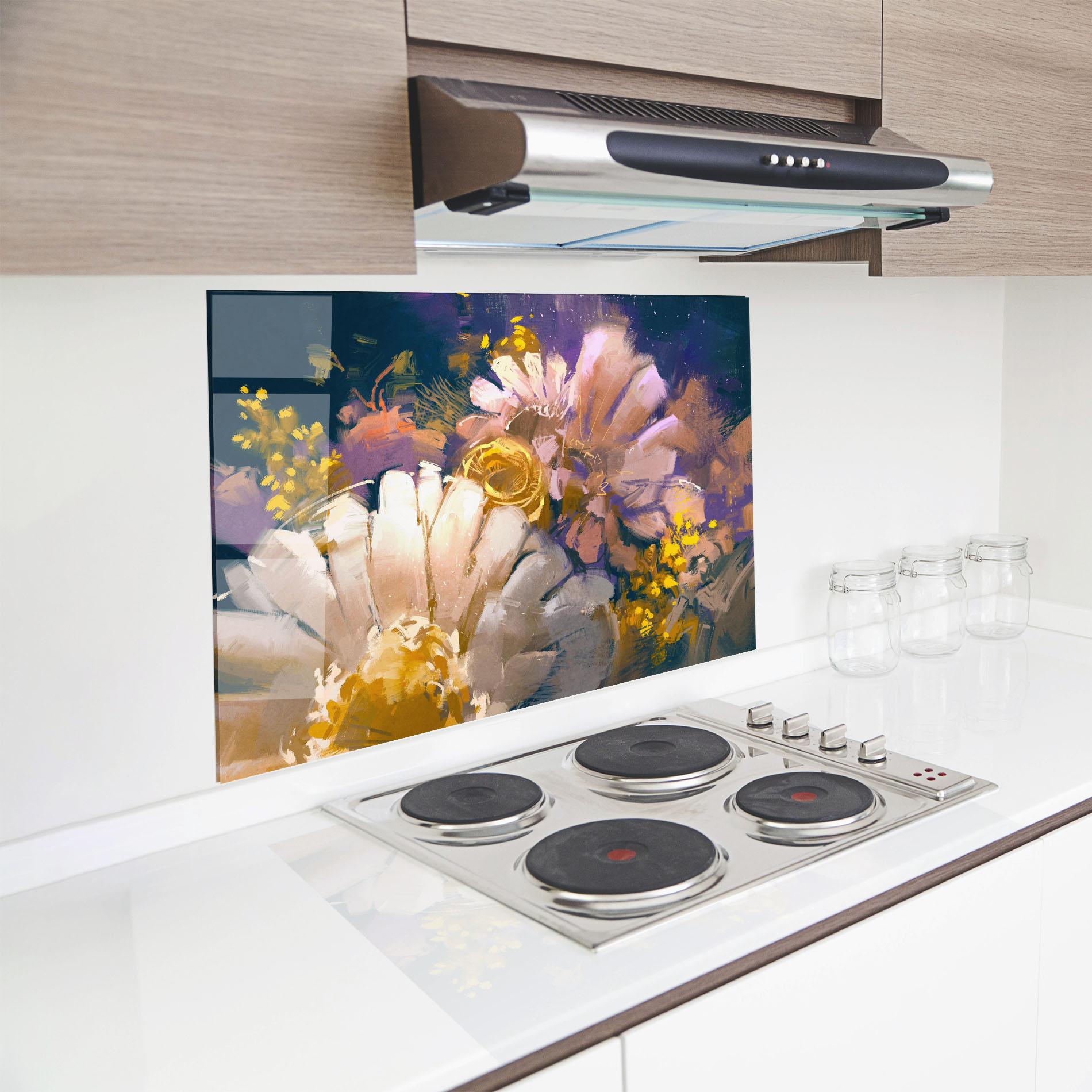 Küchenrückwand Glas Gold Purple Flowers mockup 8
