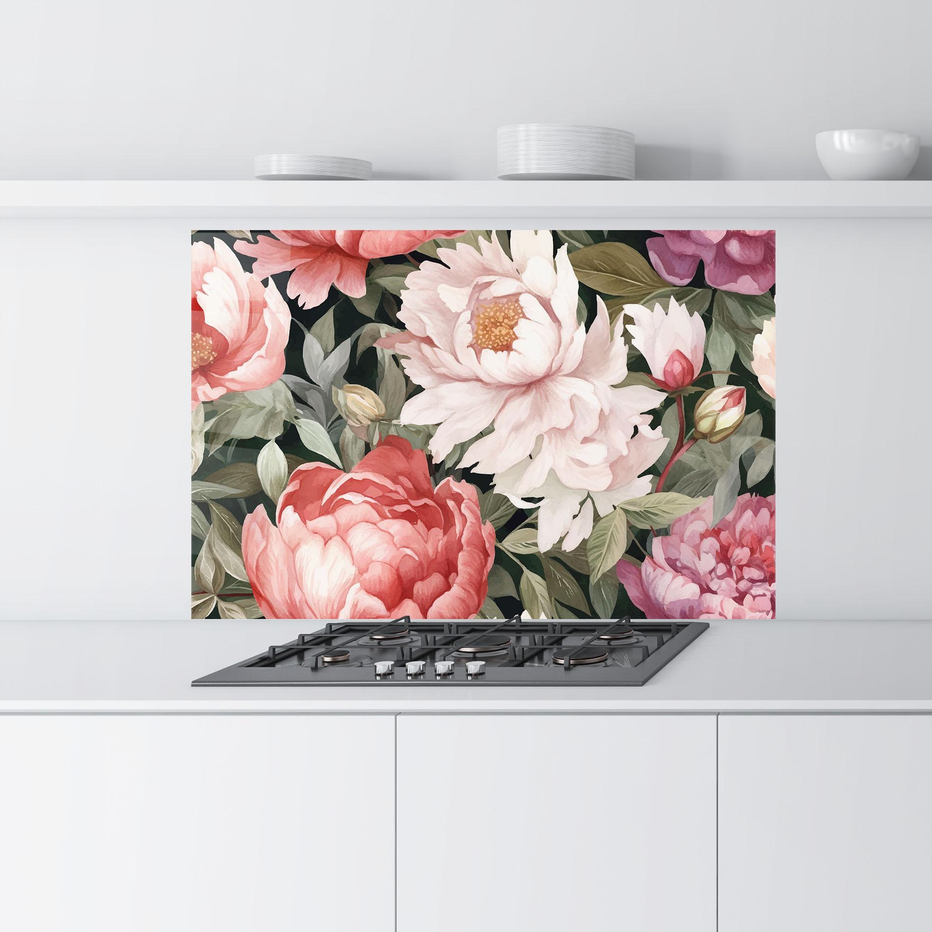 Küchenrückwand Glas Light Peony Art mockup 9