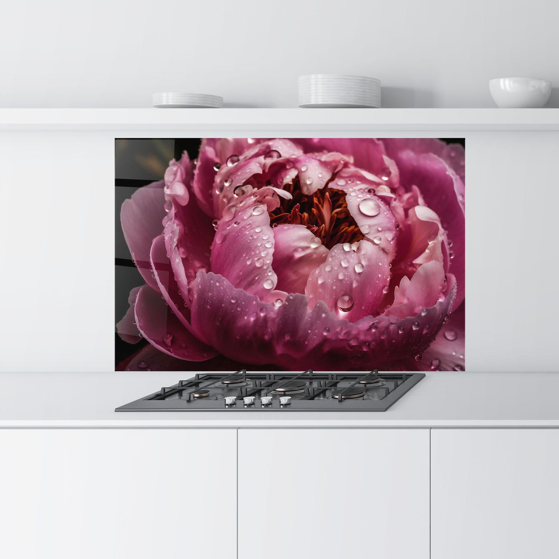 Küchenrückwand Glas Peony Close Up After Rain mockup 9