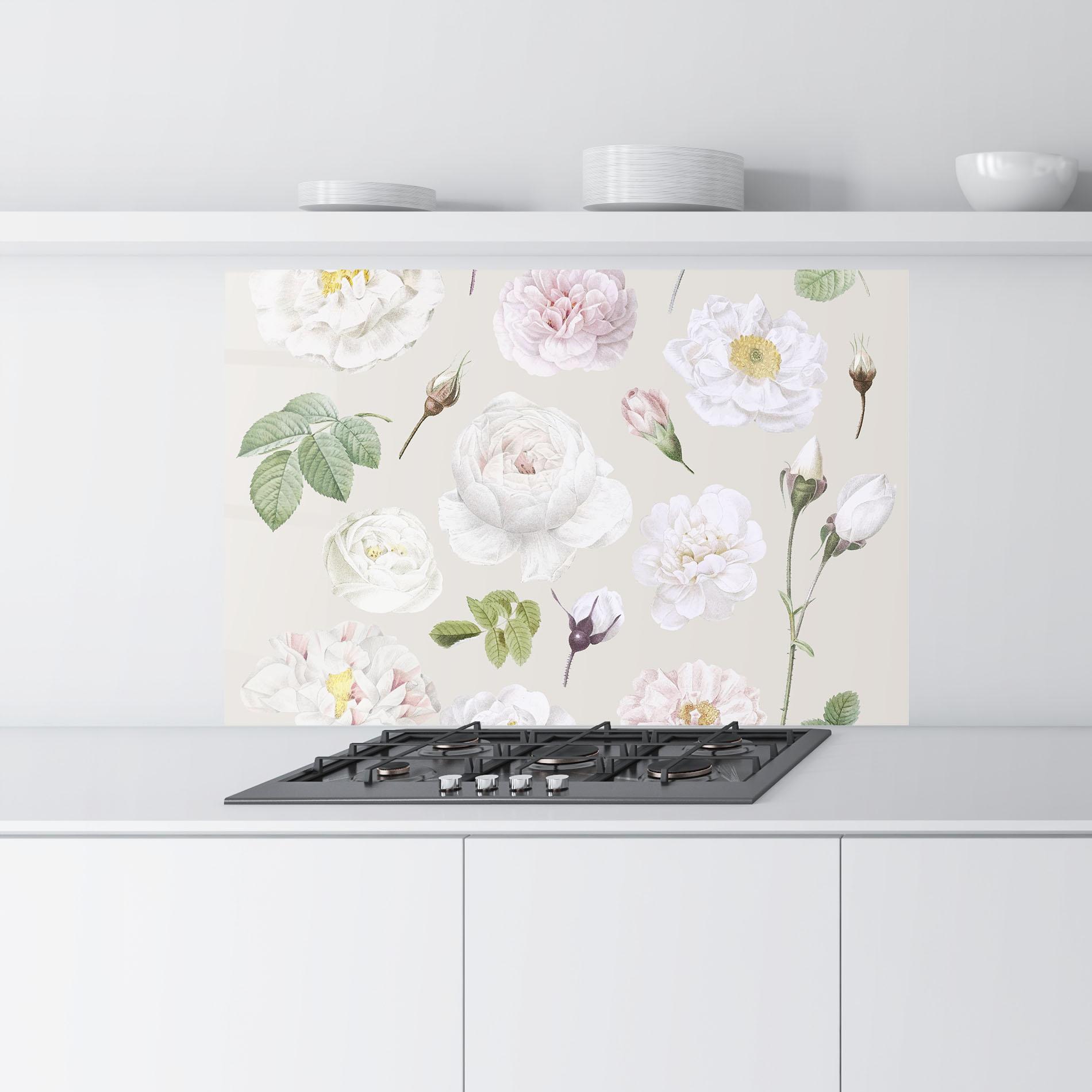 Küchenrückwand Glas White Peony On Cream mockup 9