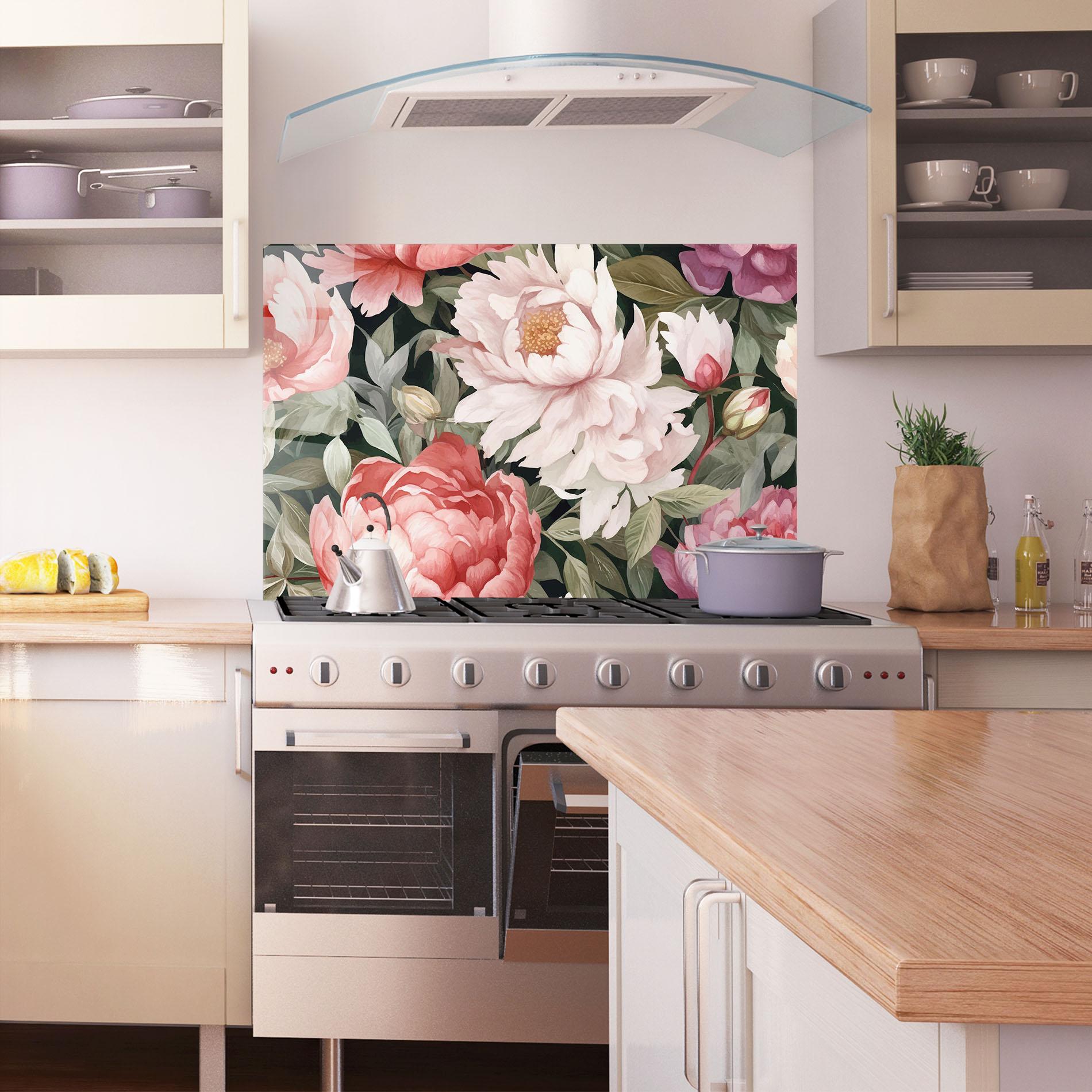 Küchenrückwand Glas Light Peony Art mockup 1