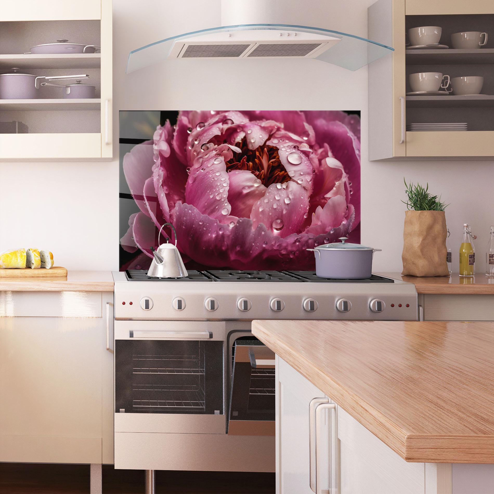 Küchenrückwand Glas Peony Close Up After Rain mockup 1