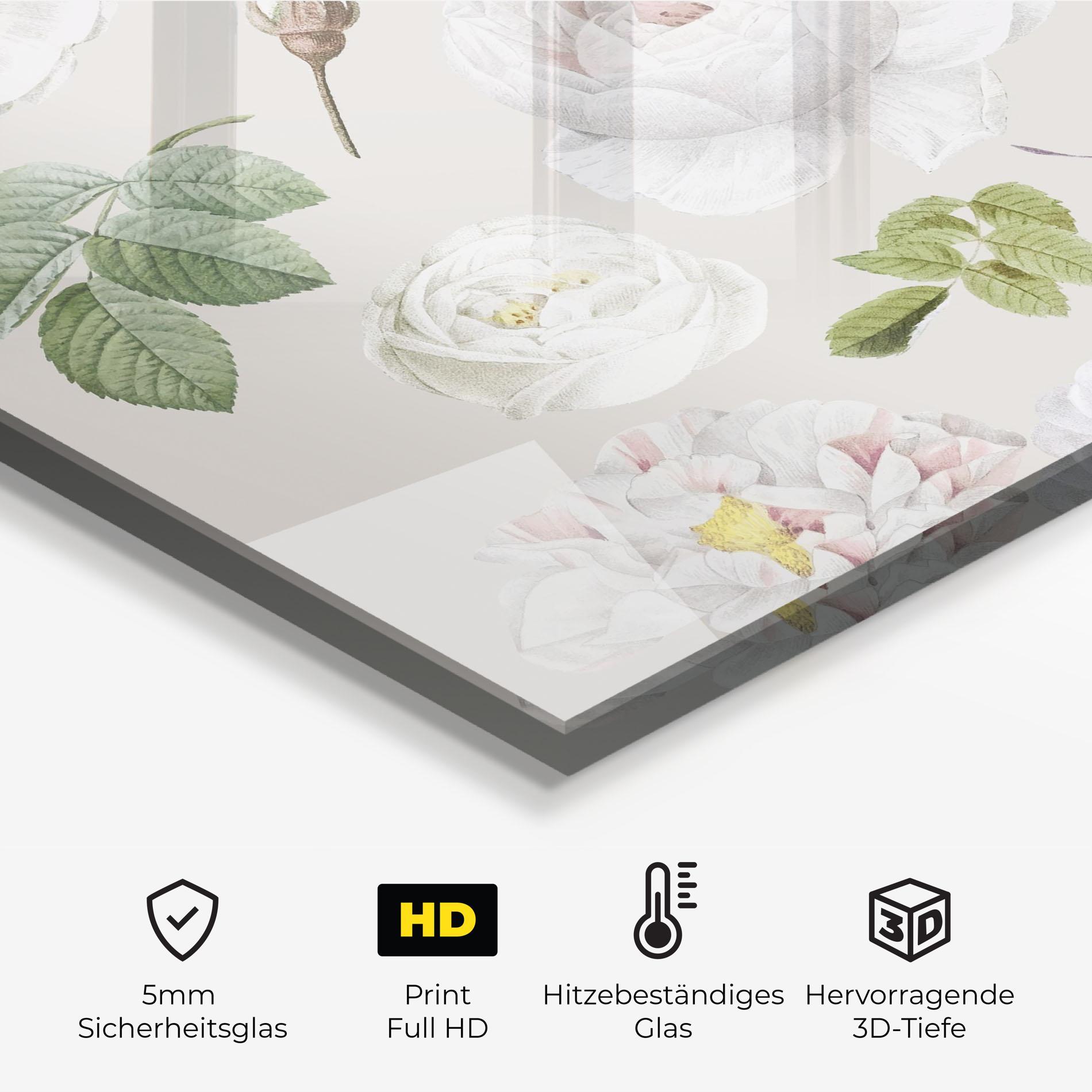 Küchenrückwand Glas White Peony On Cream mockup 2