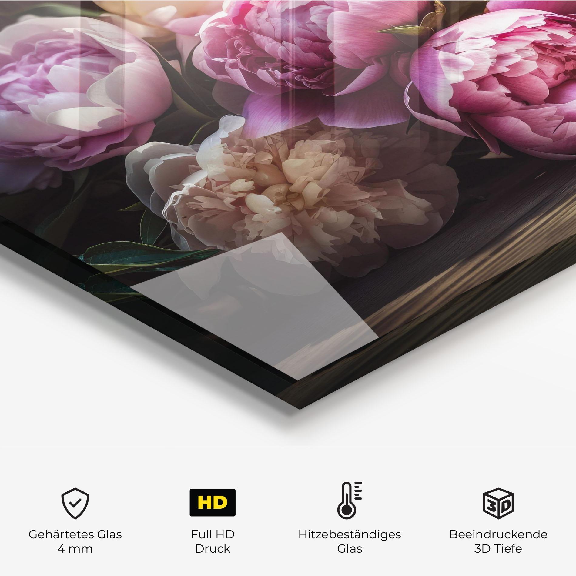 Küchenrückwand Glas Peonies On The Table mockup 2