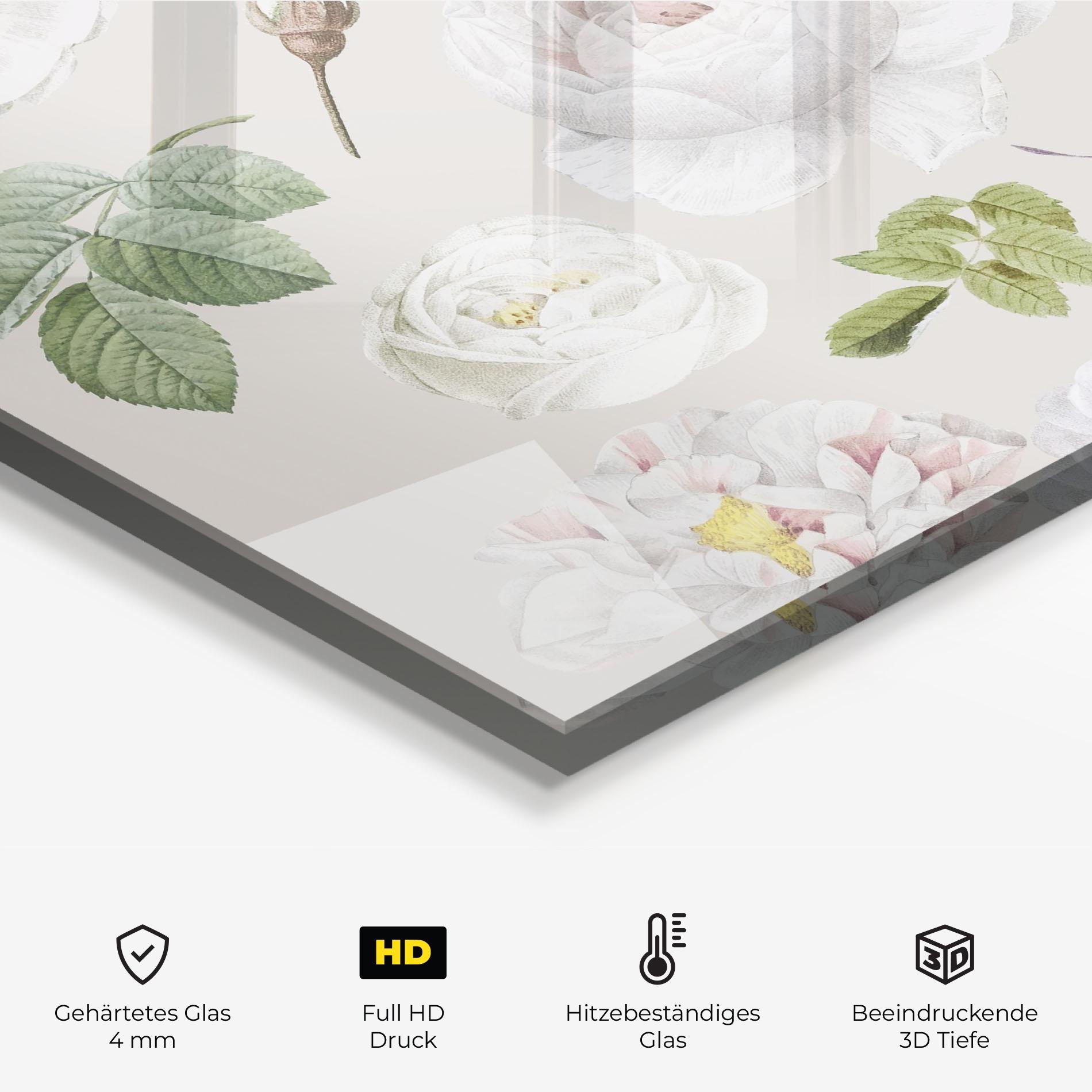 Küchenrückwand Glas White Peony On Cream mockup 2
