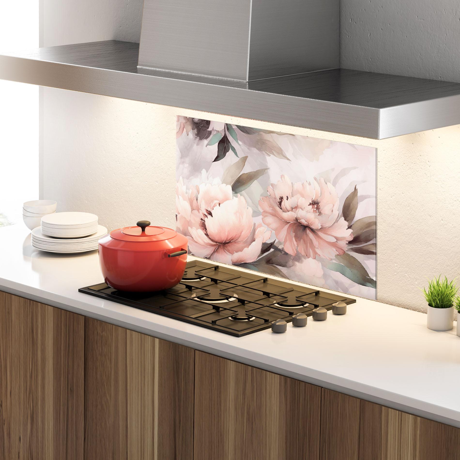 Küchenrückwand Glas Dreamy Peony Art mockup 4