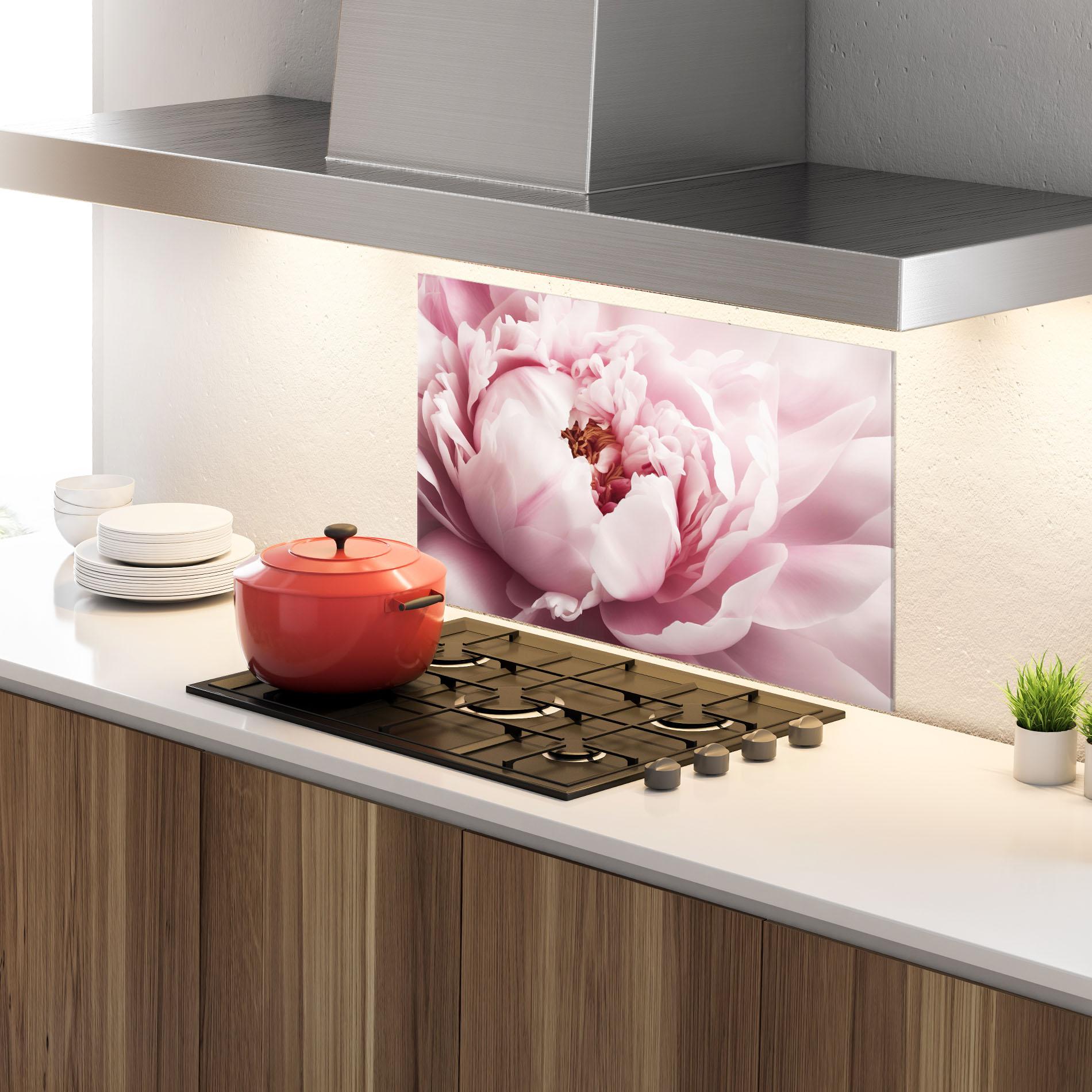 Küchenrückwand Glas Pastel Peony Petals mockup 4