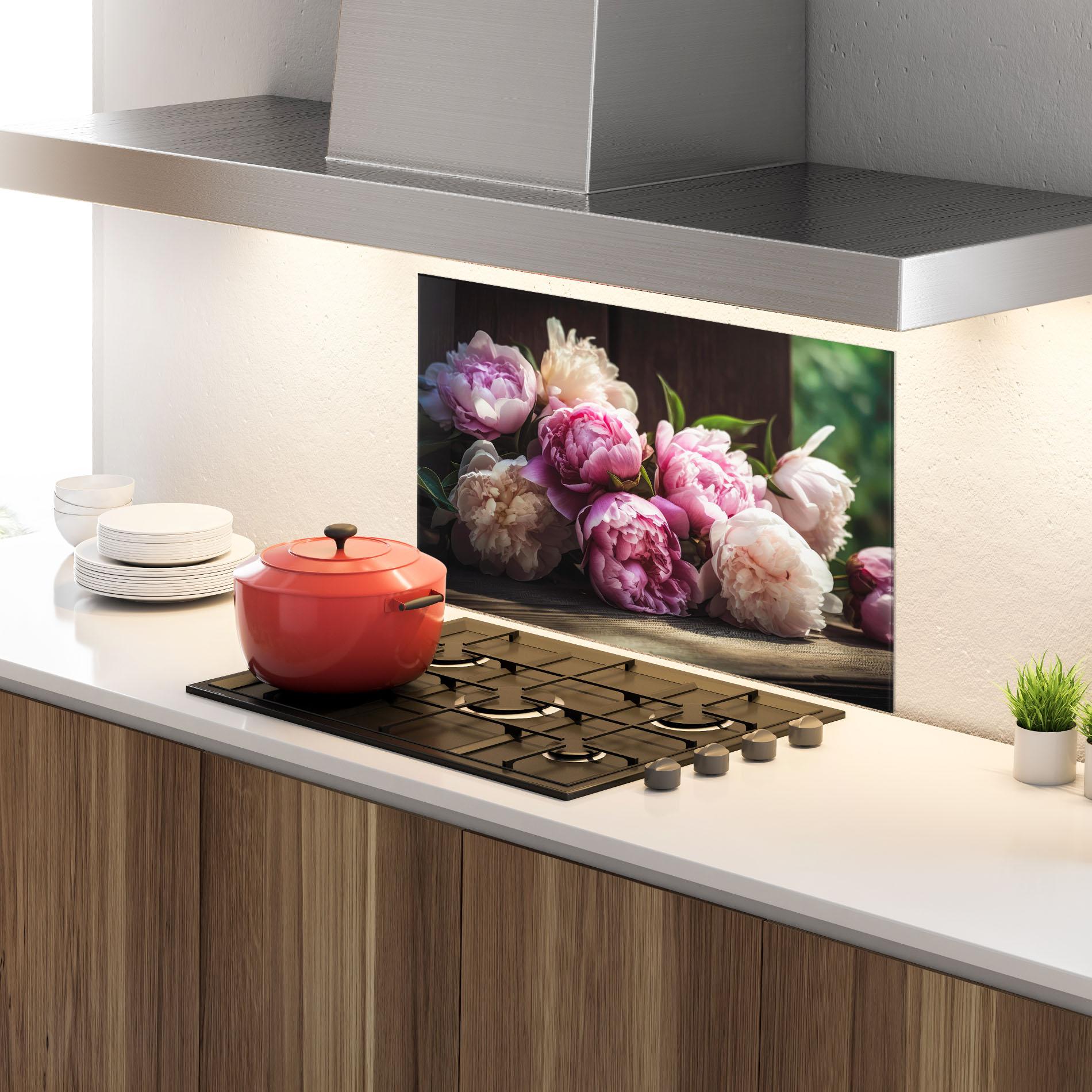 Küchenrückwand Glas Peonies On The Table mockup 4