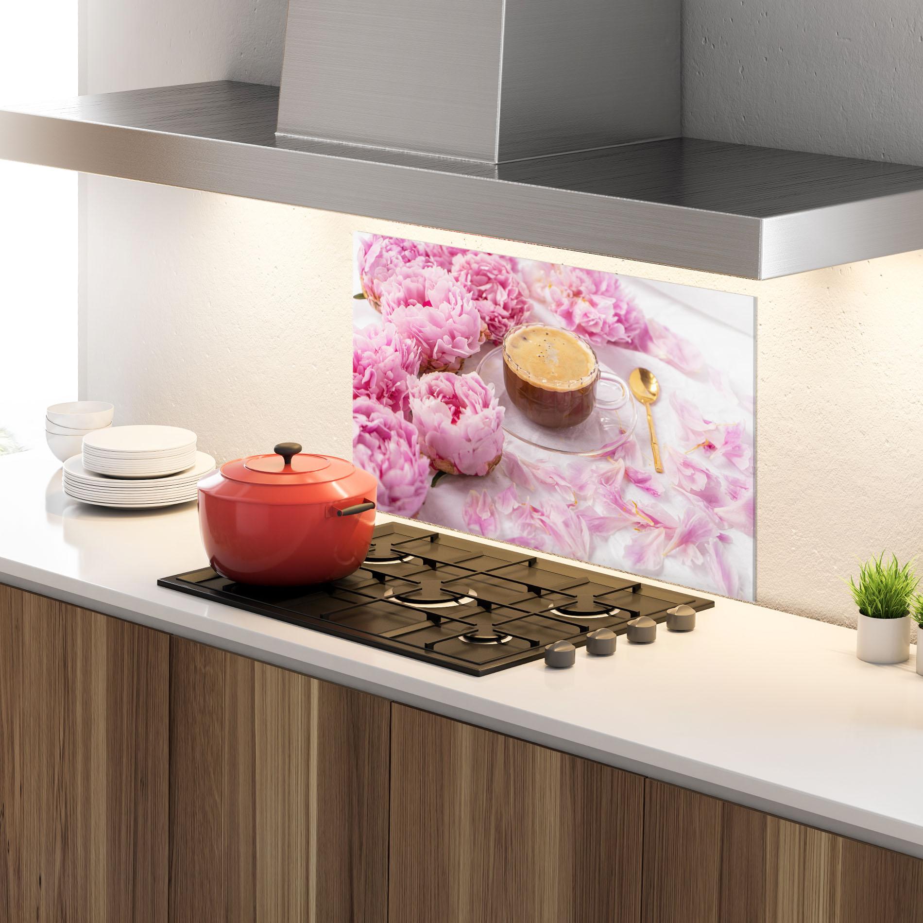 Küchenrückwand Glas Peony And Coffee mockup 4