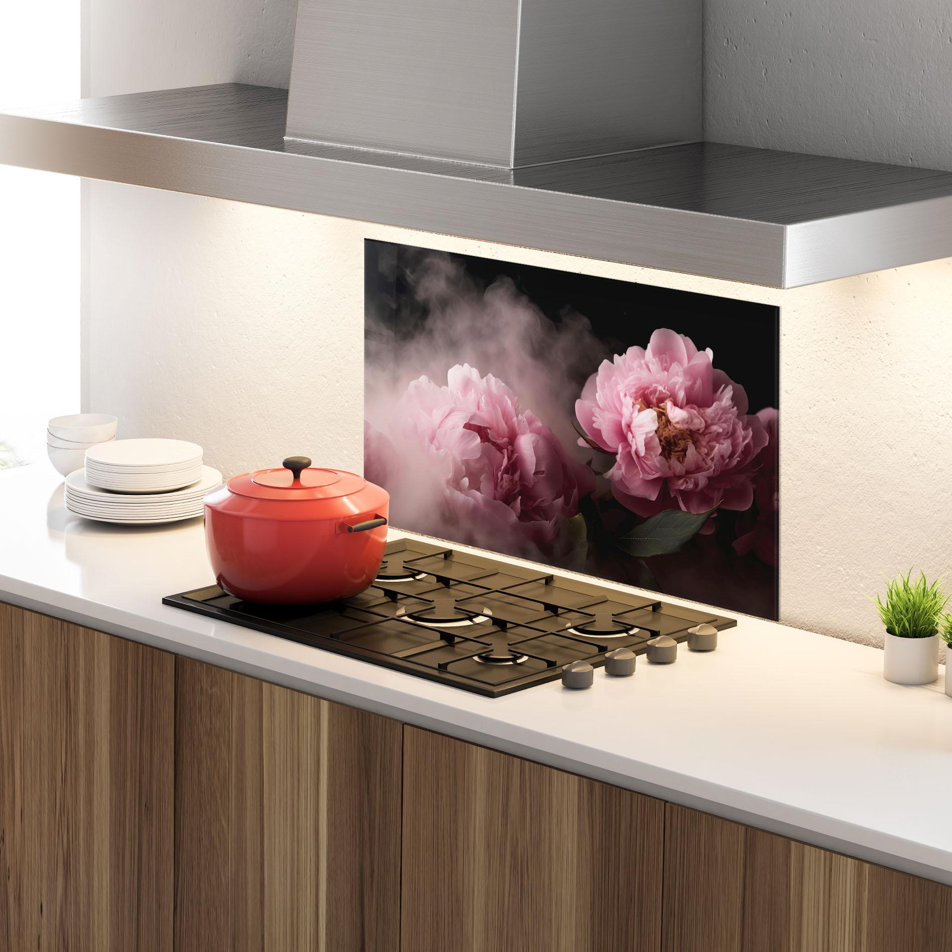 Küchenrückwand Glas Peony In Smoke mockup 4