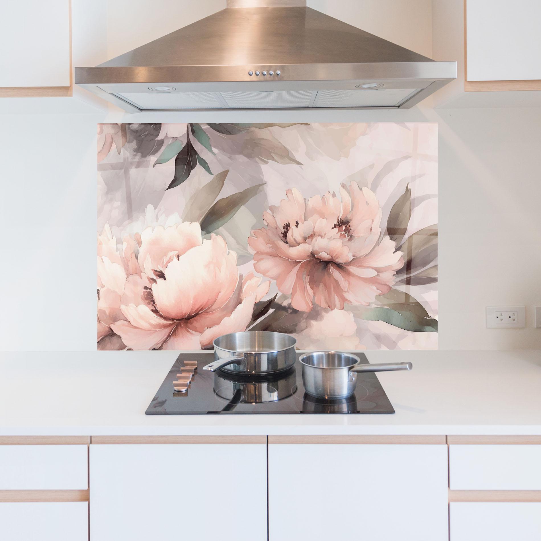 Küchenrückwand Glas Dreamy Peony Art mockup 5