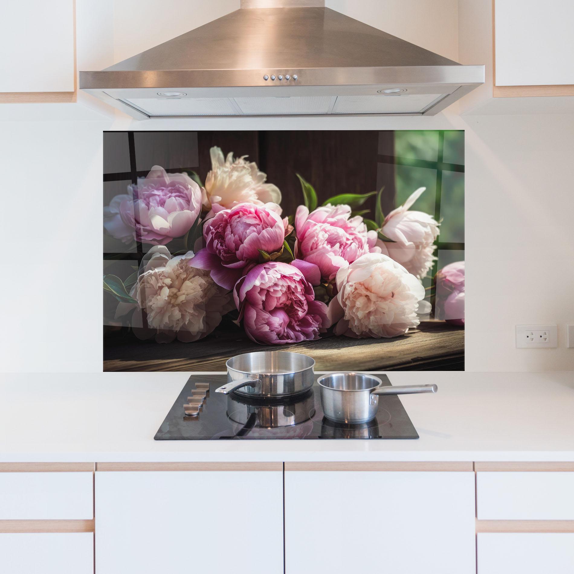 Küchenrückwand Glas Peonies On The Table mockup 5