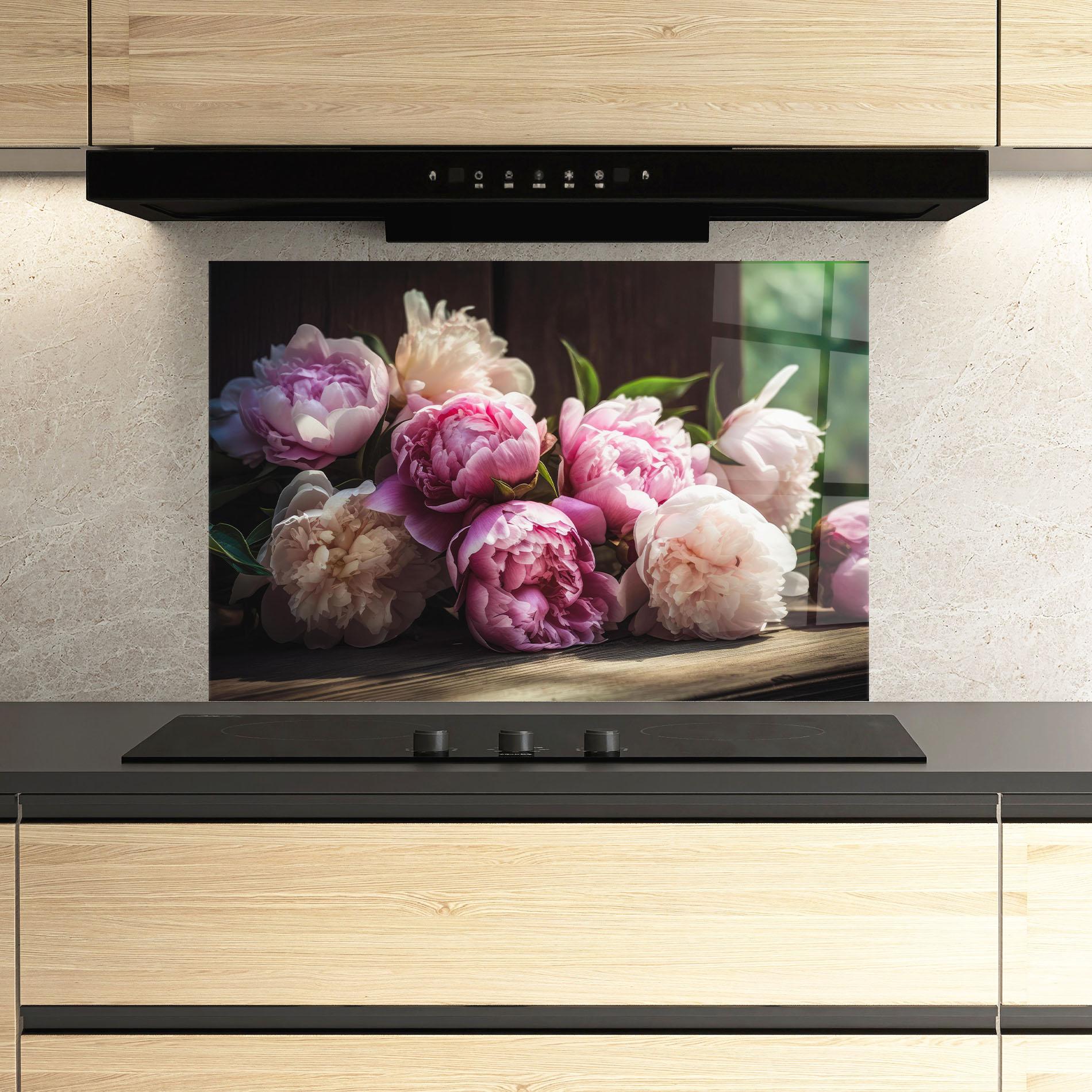 Küchenrückwand Glas Peonies On The Table mockup 3