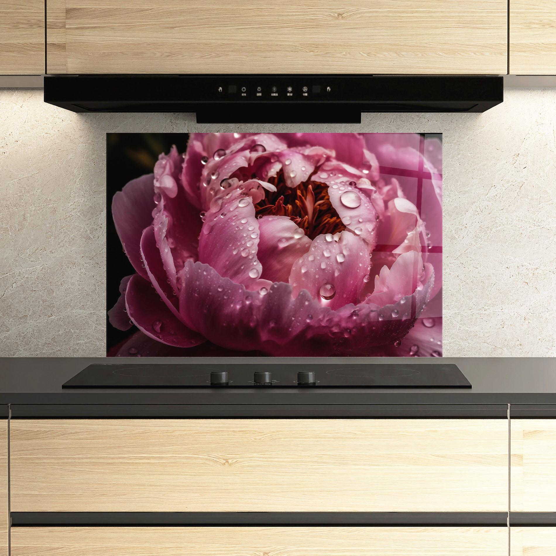 Küchenrückwand Glas Peony Close Up After Rain mockup 3