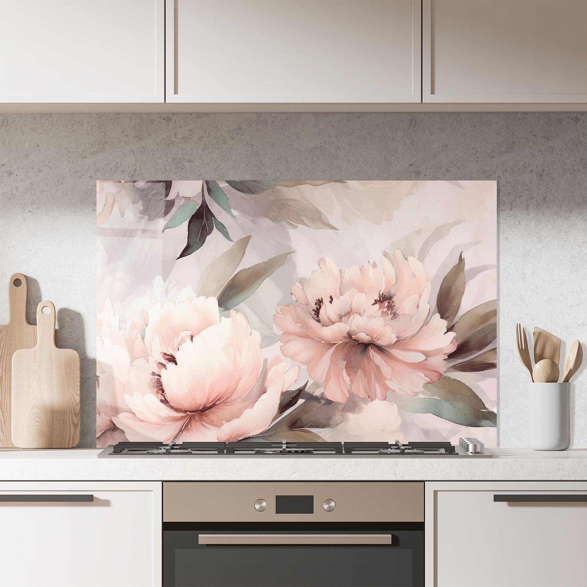 Küchenrückwand Glas Dreamy Peony Art mockup 7