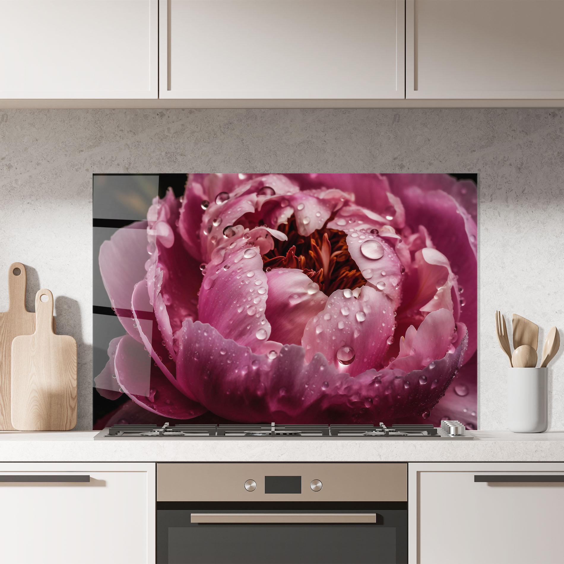 Küchenrückwand Glas Peony Close Up After Rain mockup 7