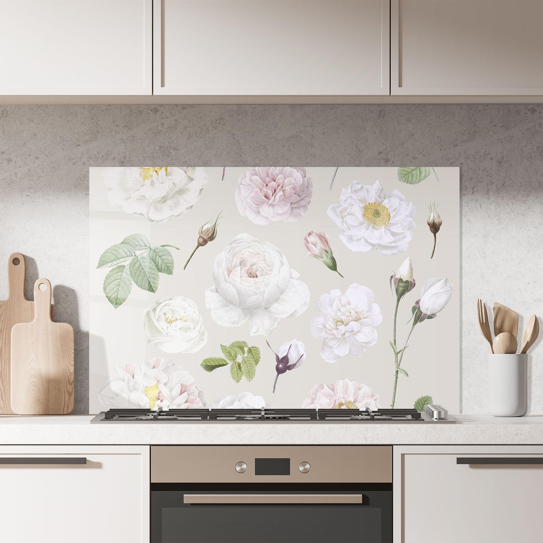 Küchenrückwand Glas White Peony On Cream mockup 7