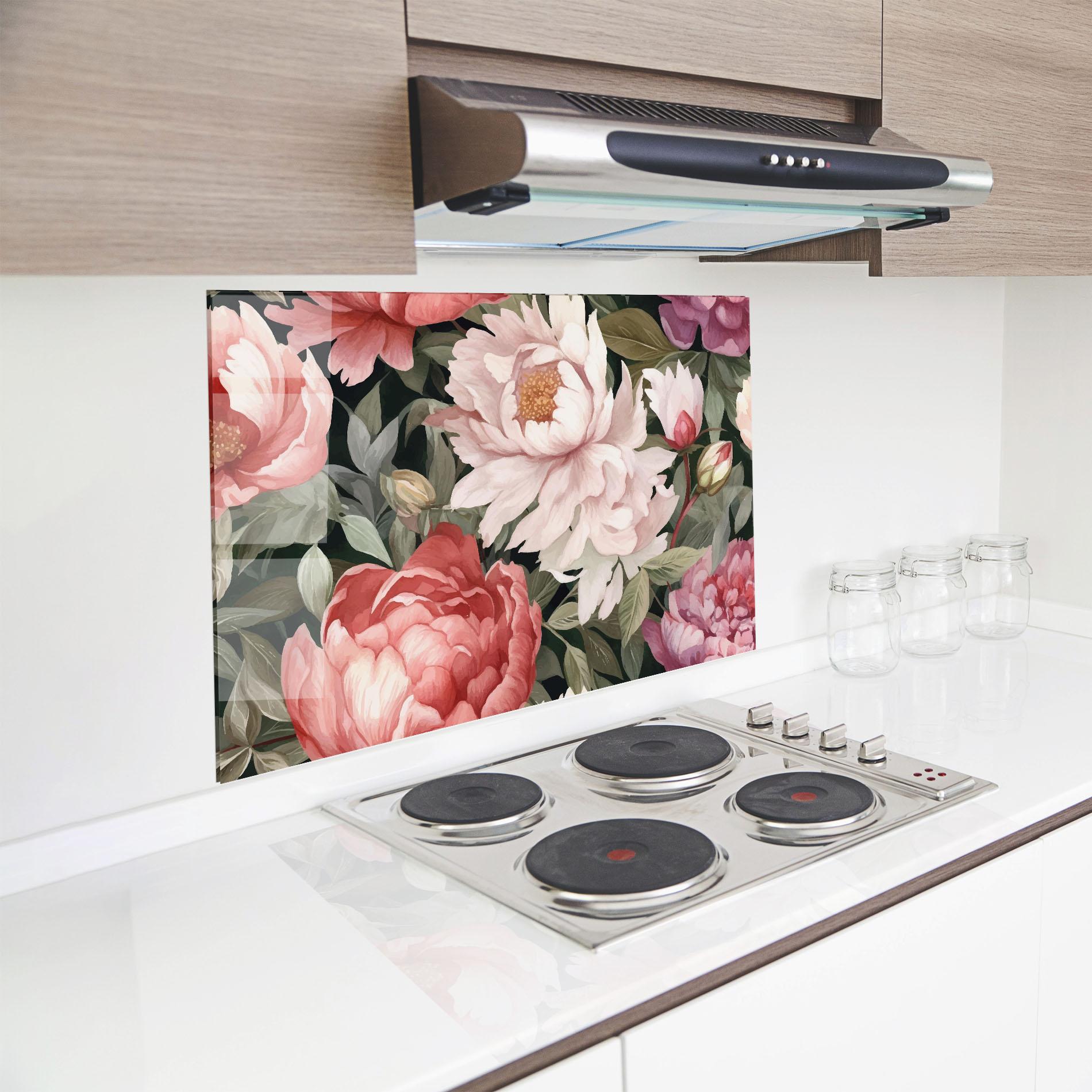 Küchenrückwand Glas Light Peony Art mockup 8