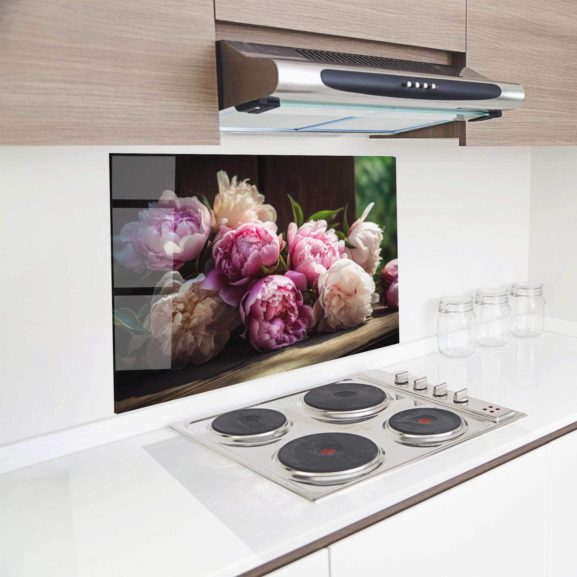 Küchenrückwand Glas Peonies On The Table mockup 8