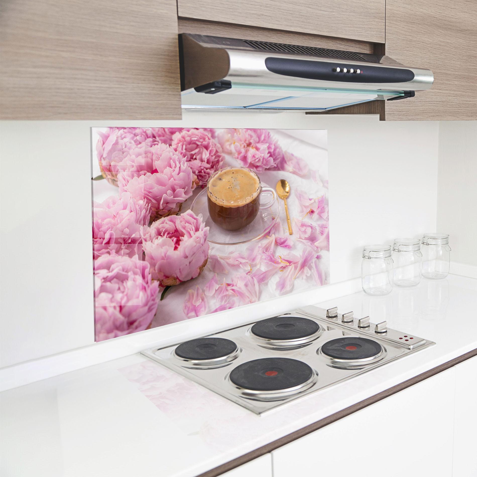 Küchenrückwand Glas Peony And Coffee mockup 8
