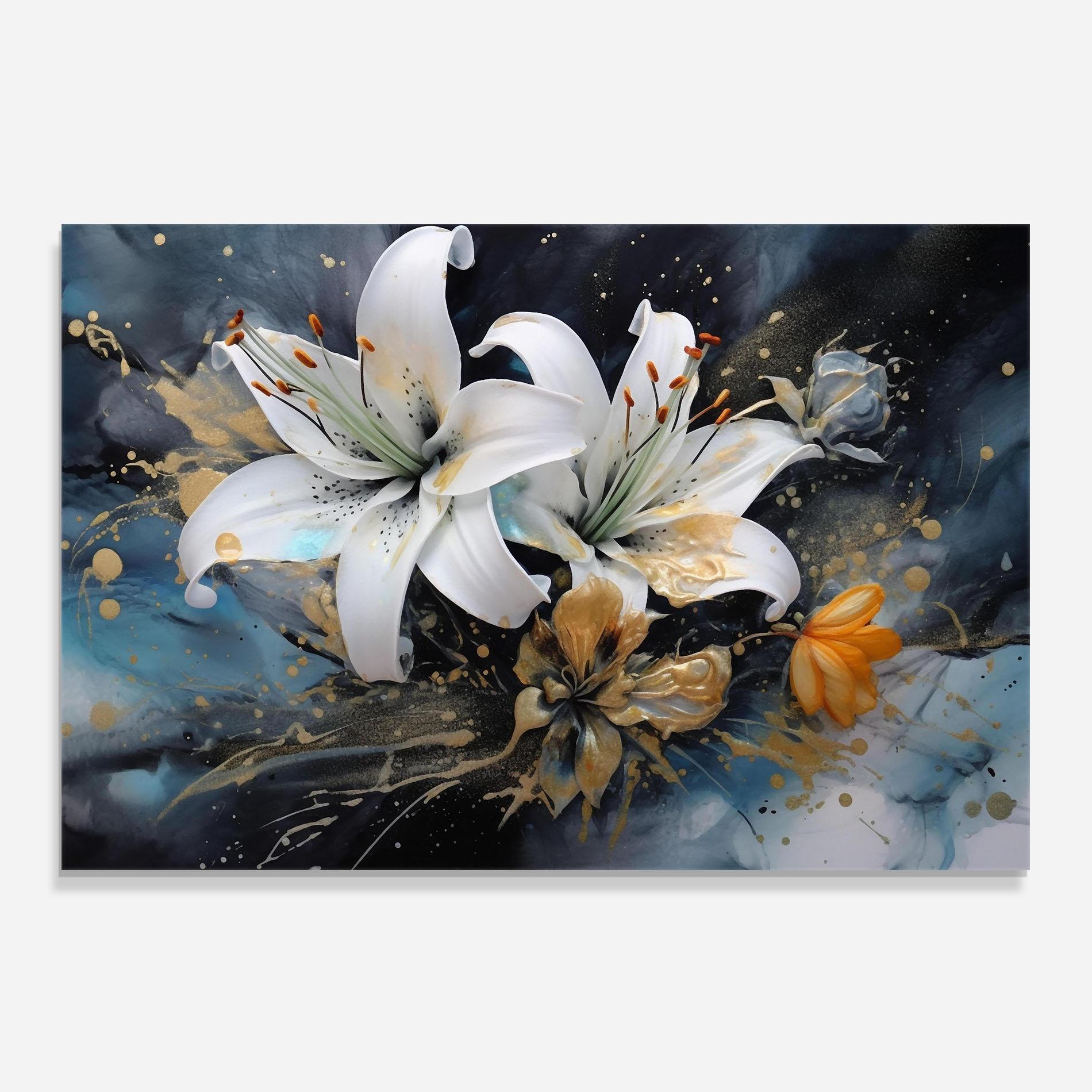 Küchenrückwand Glas Lily On Blue Painting mockup 0