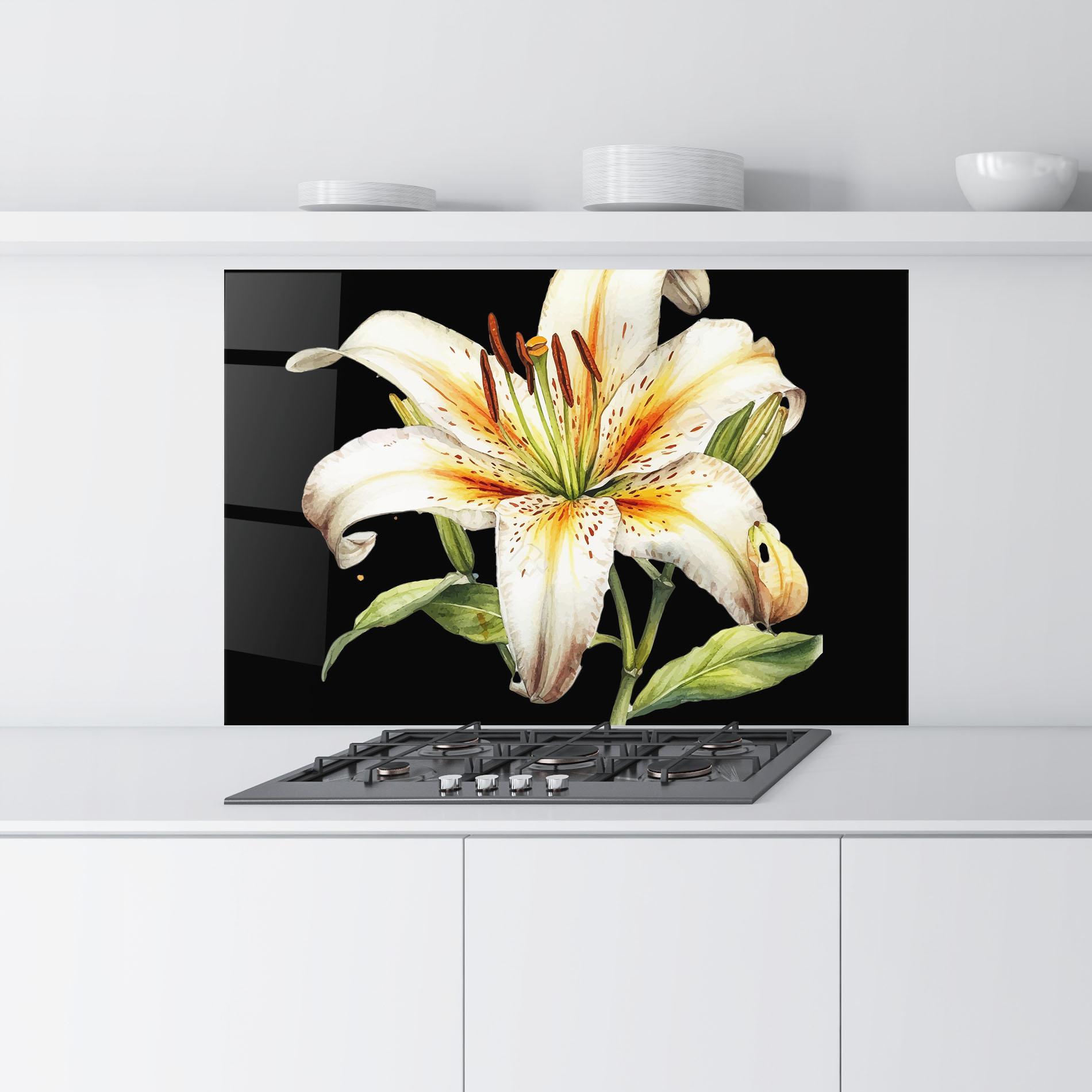 Küchenrückwand Glas Beautiful White Lily mockup 9