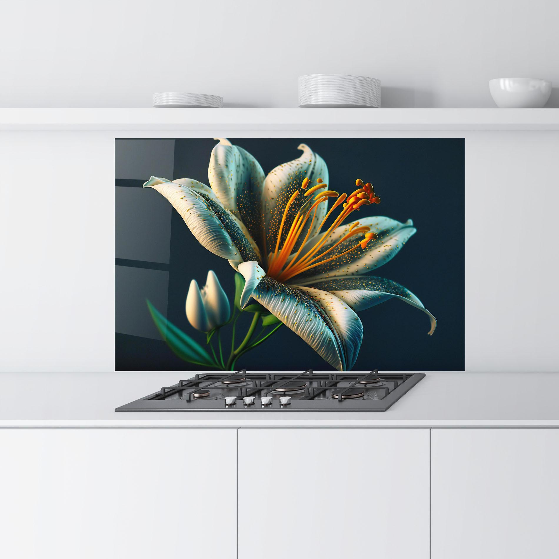 Küchenrückwand Glas Blue Grey Lily mockup 9