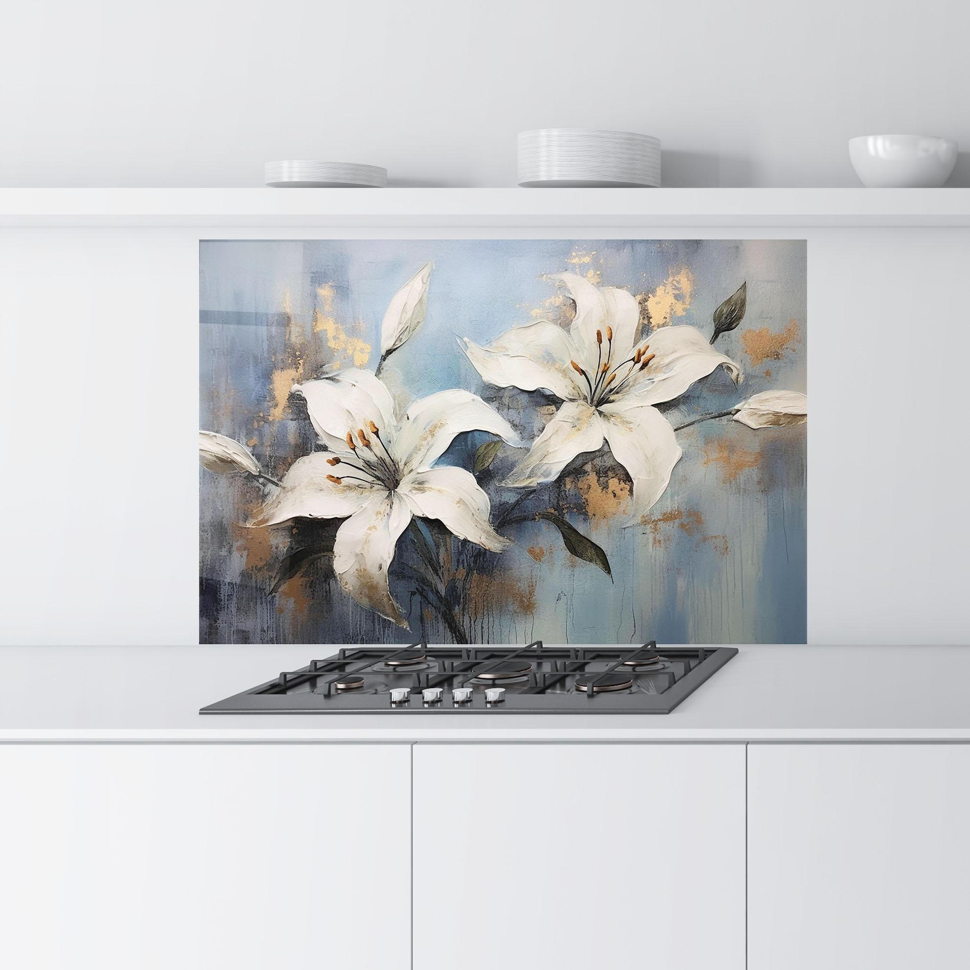 Küchenrückwand Glas Gold Lily Painting mockup 9