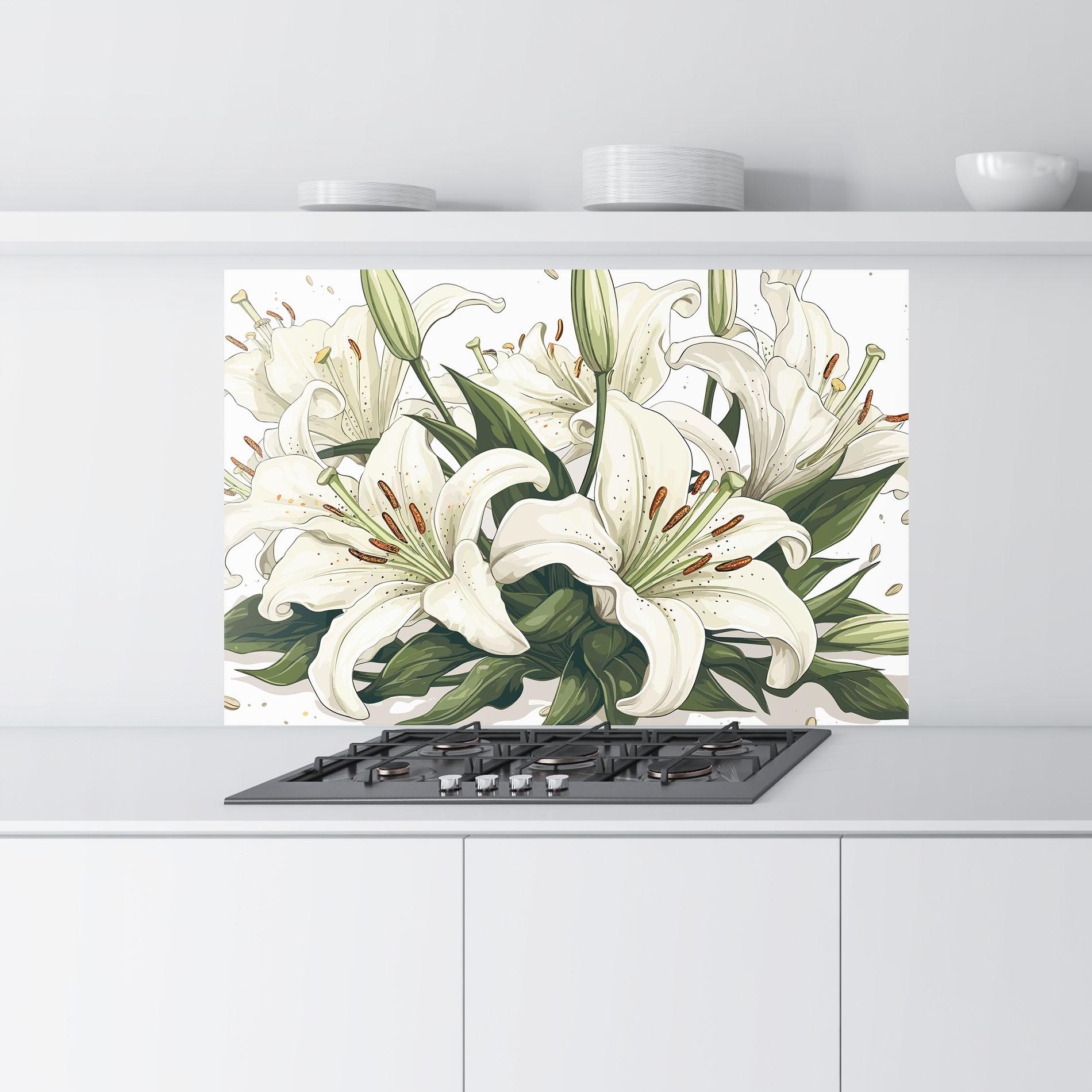 Küchenrückwand Glas Grey White Lily mockup 9