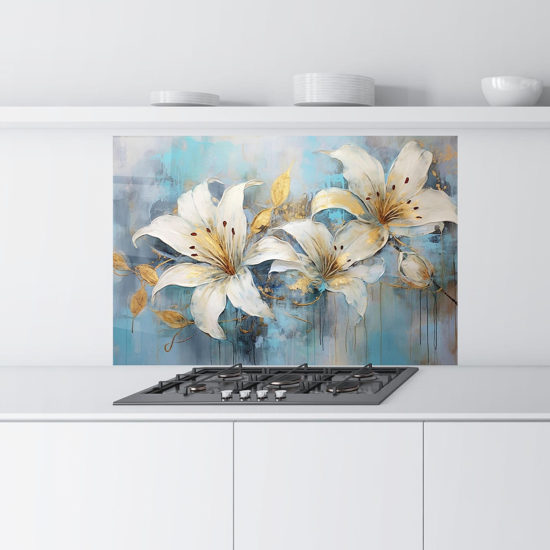 Küchenrückwand Glas Lily With Gold Painting mockup 9