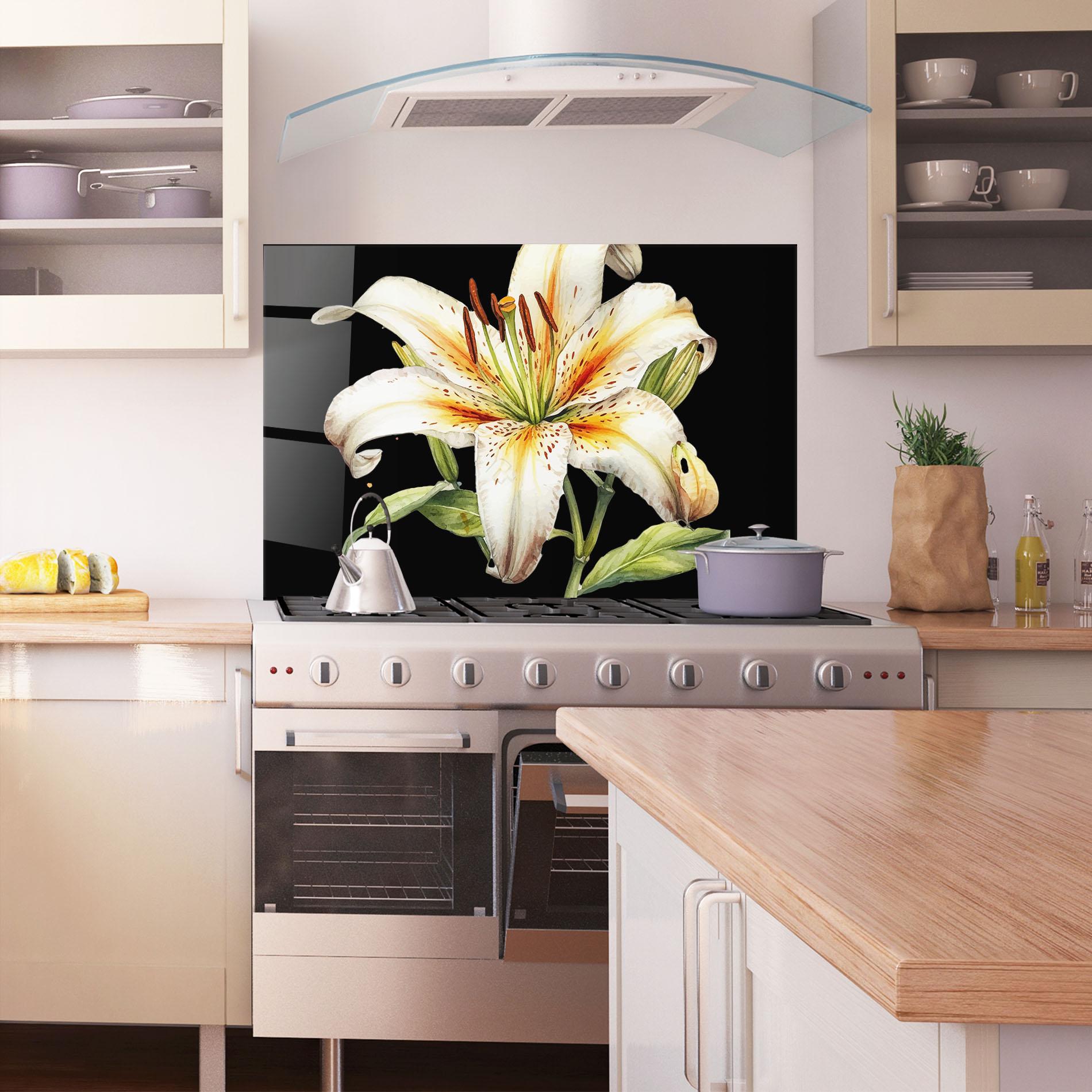 Küchenrückwand Glas Beautiful White Lily mockup 1