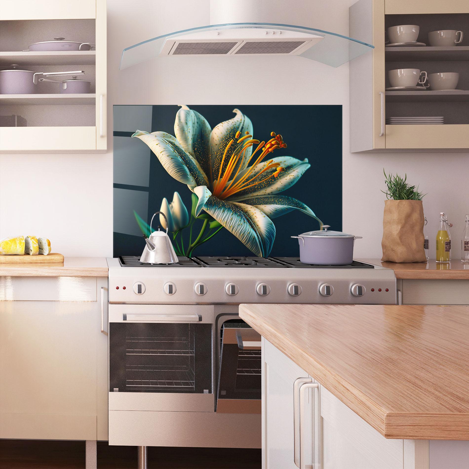 Küchenrückwand Glas Blue Grey Lily mockup 1