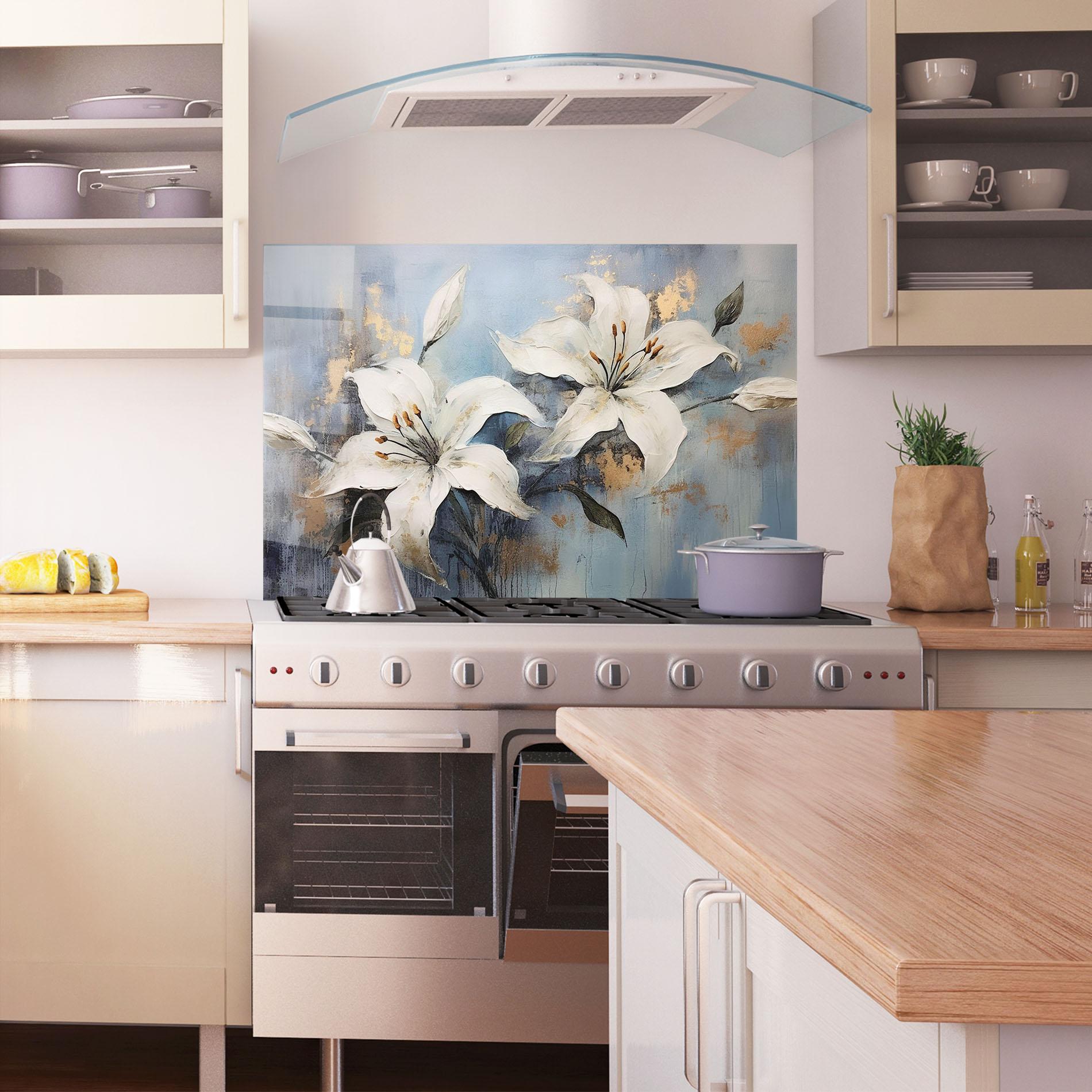 Küchenrückwand Glas Gold Lily Painting mockup 1