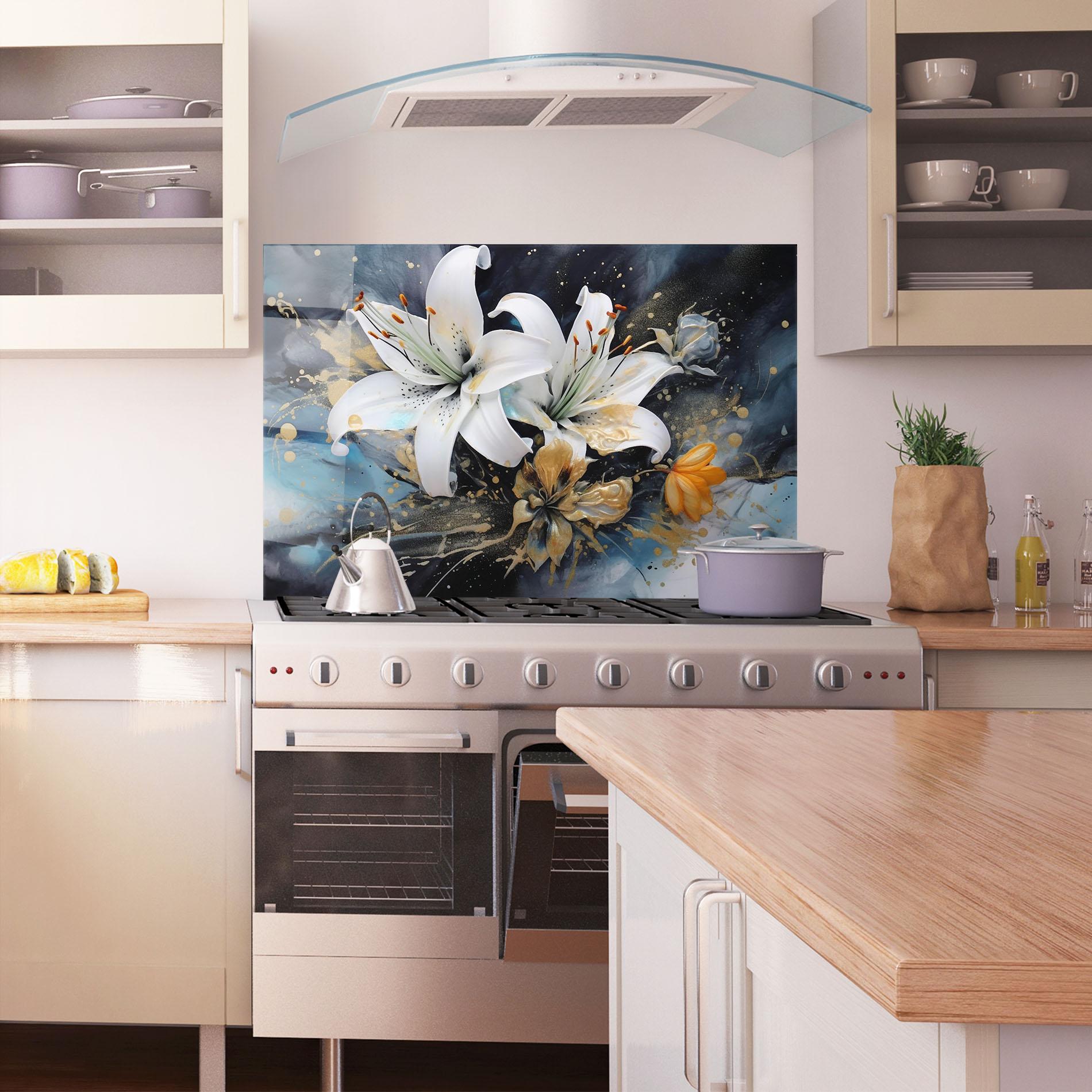 Küchenrückwand Glas Lily On Blue Painting mockup 1