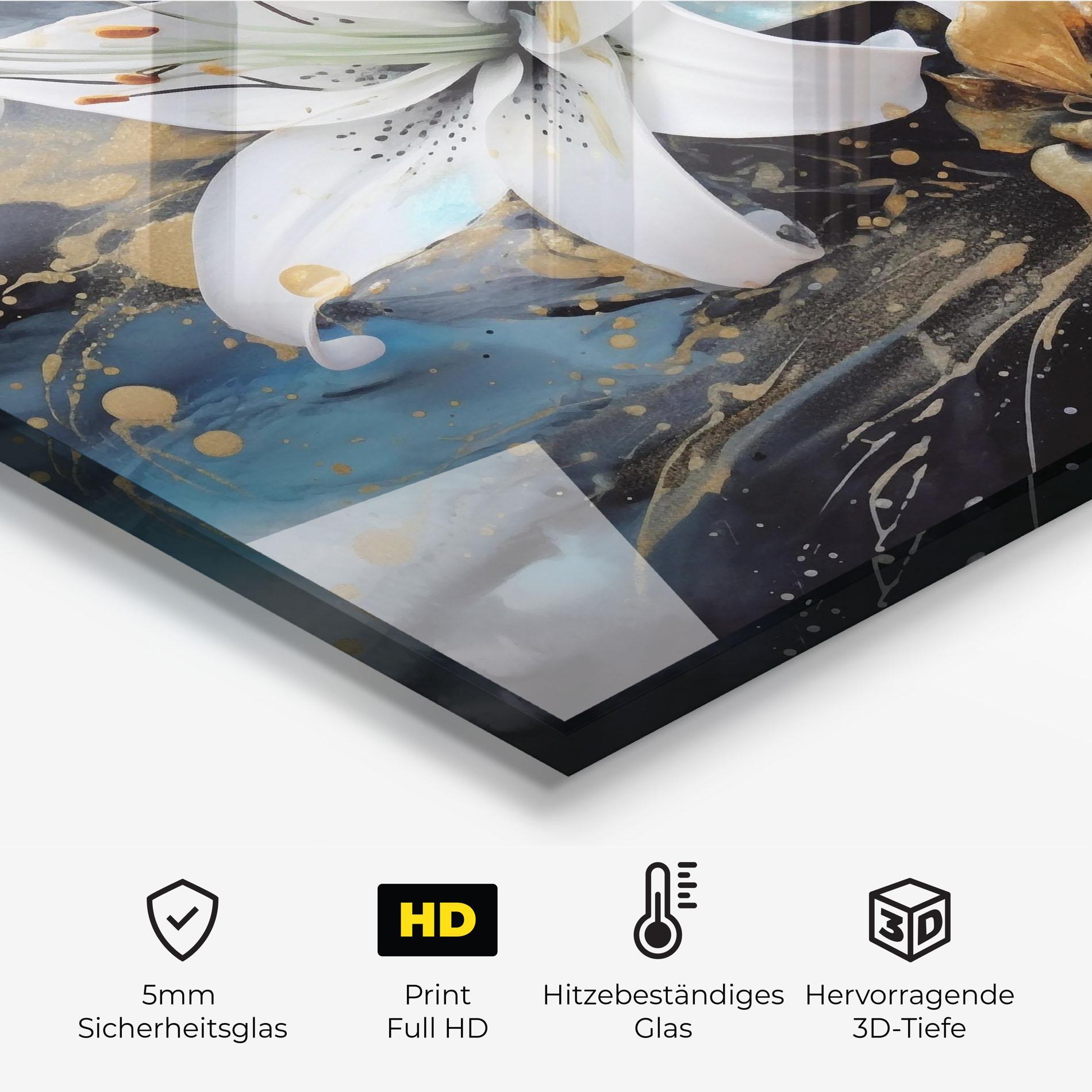 Küchenrückwand Glas Lily On Blue Painting mockup 2