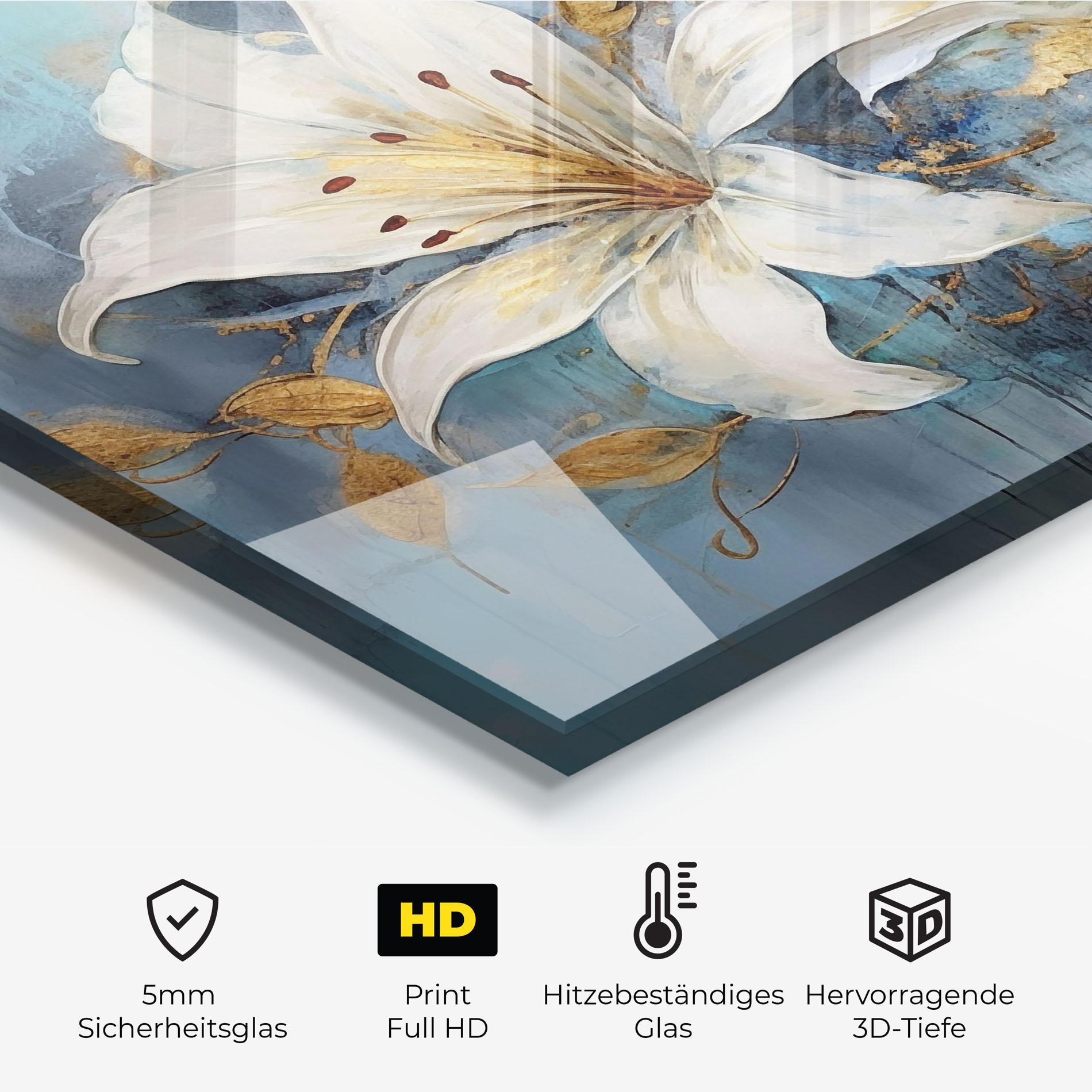 Küchenrückwand Glas Lily With Gold Painting mockup 2