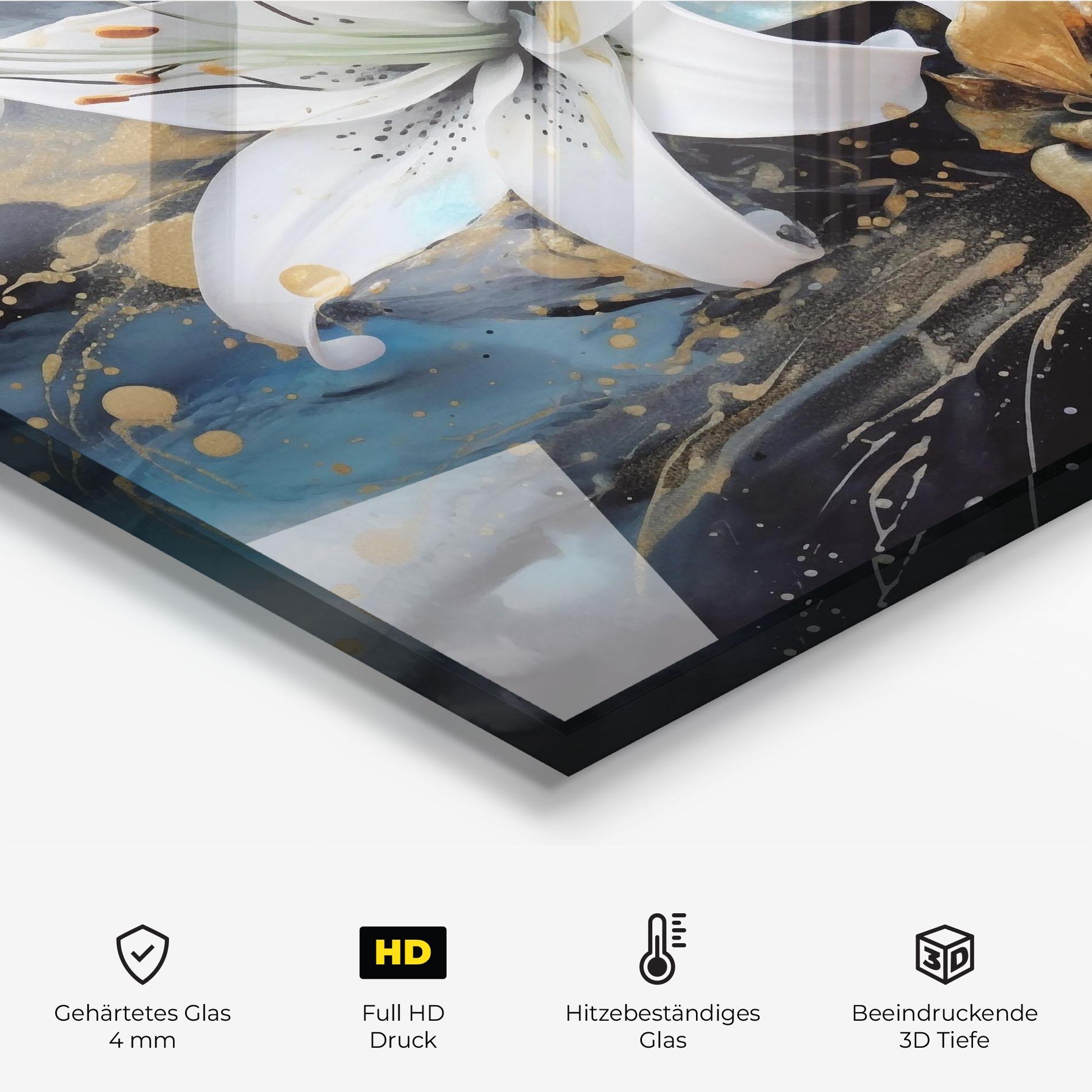 Küchenrückwand Glas Lily On Blue Painting mockup 2