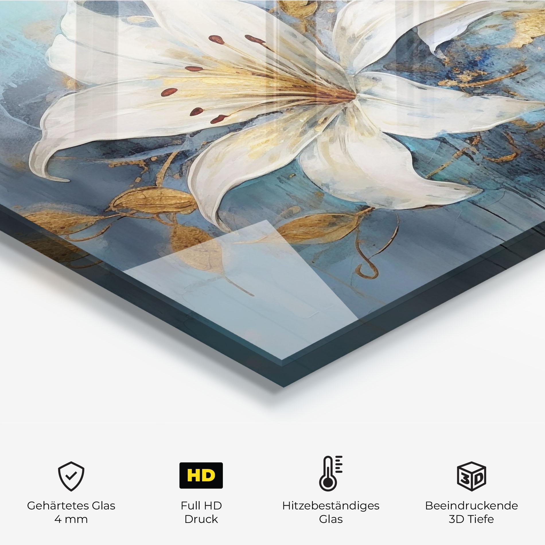 Küchenrückwand Glas Lily With Gold Painting mockup 2