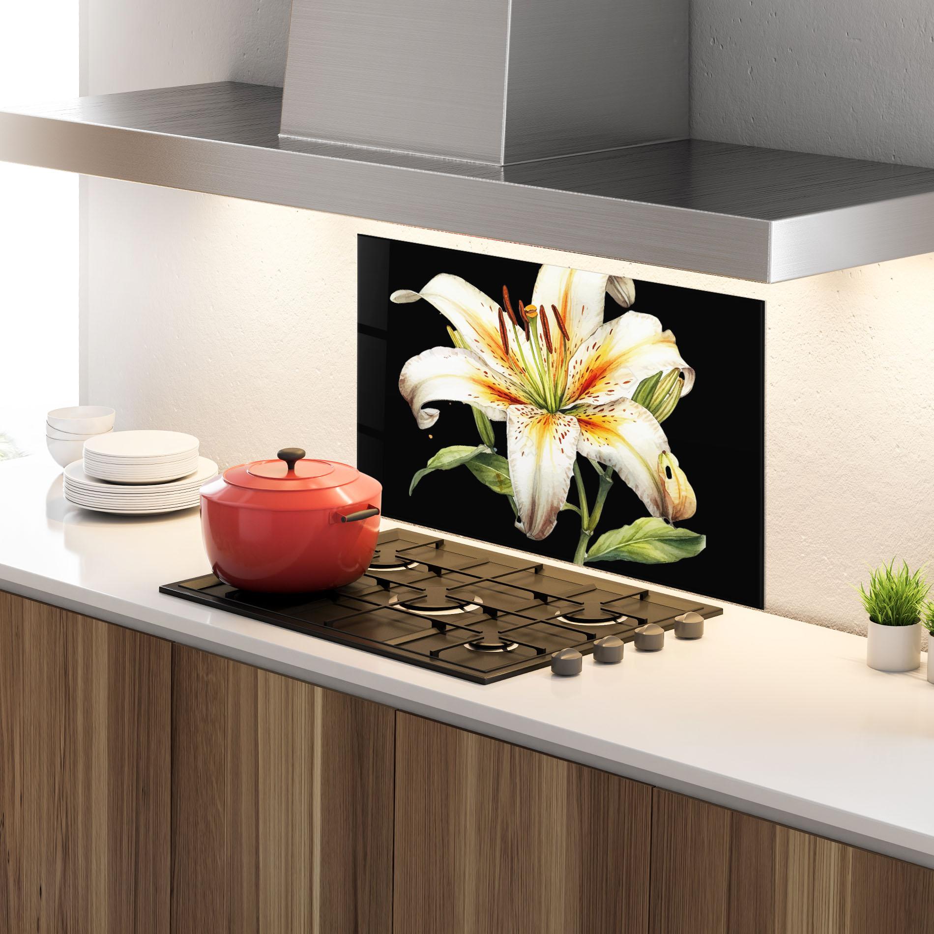 Küchenrückwand Glas Beautiful White Lily mockup 4