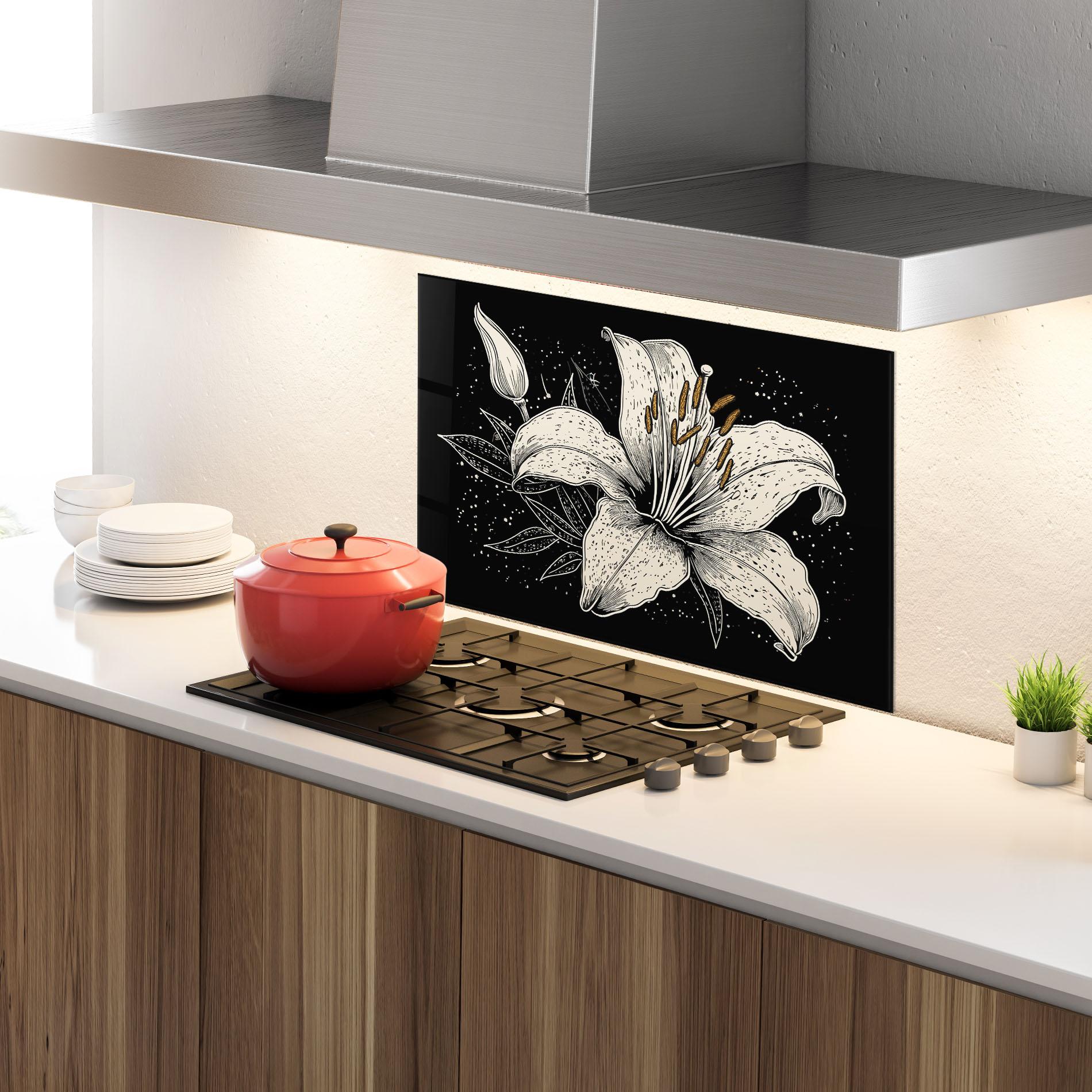 Küchenrückwand Glas Cream Black Lily mockup 4