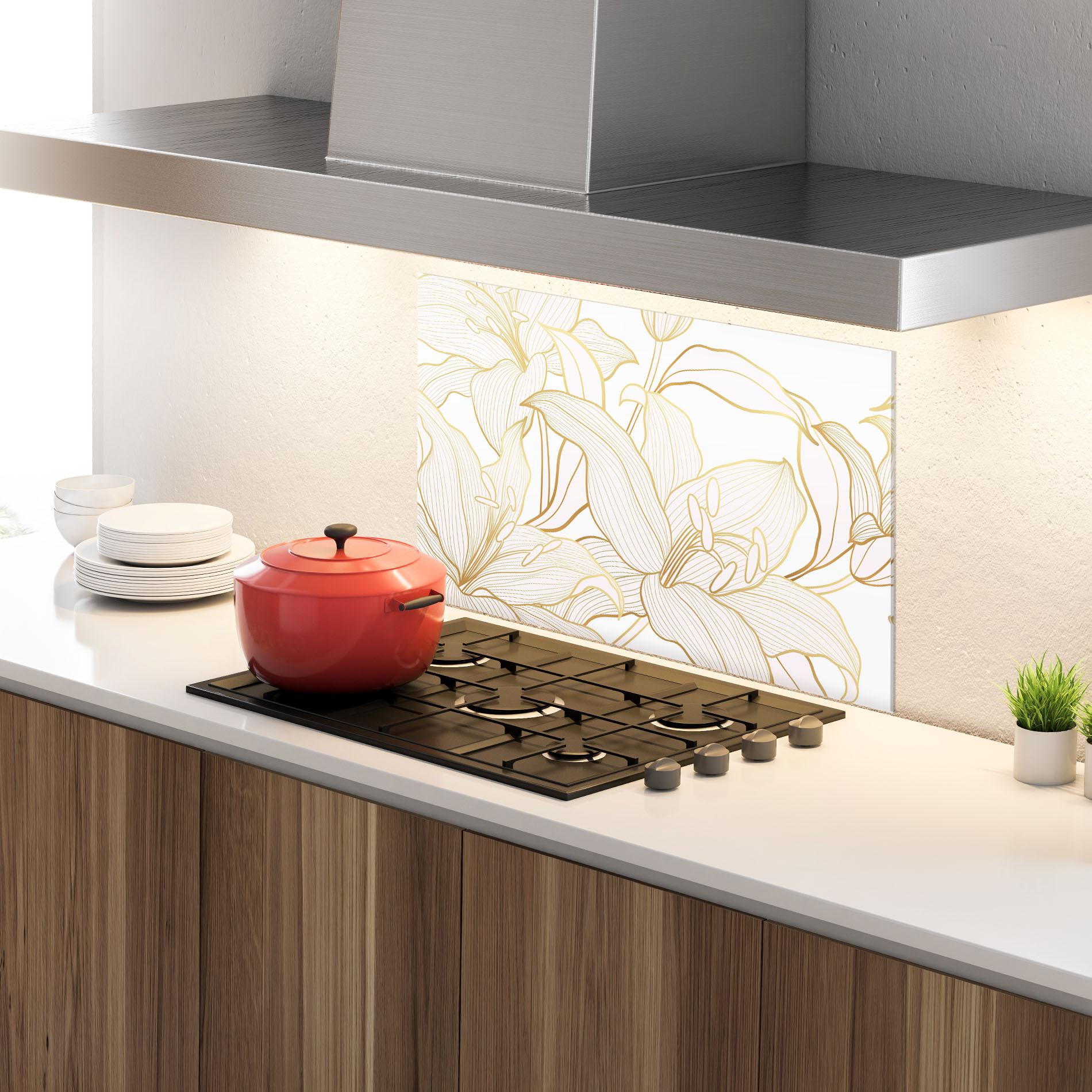 Küchenrückwand Glas Gold Lily mockup 4