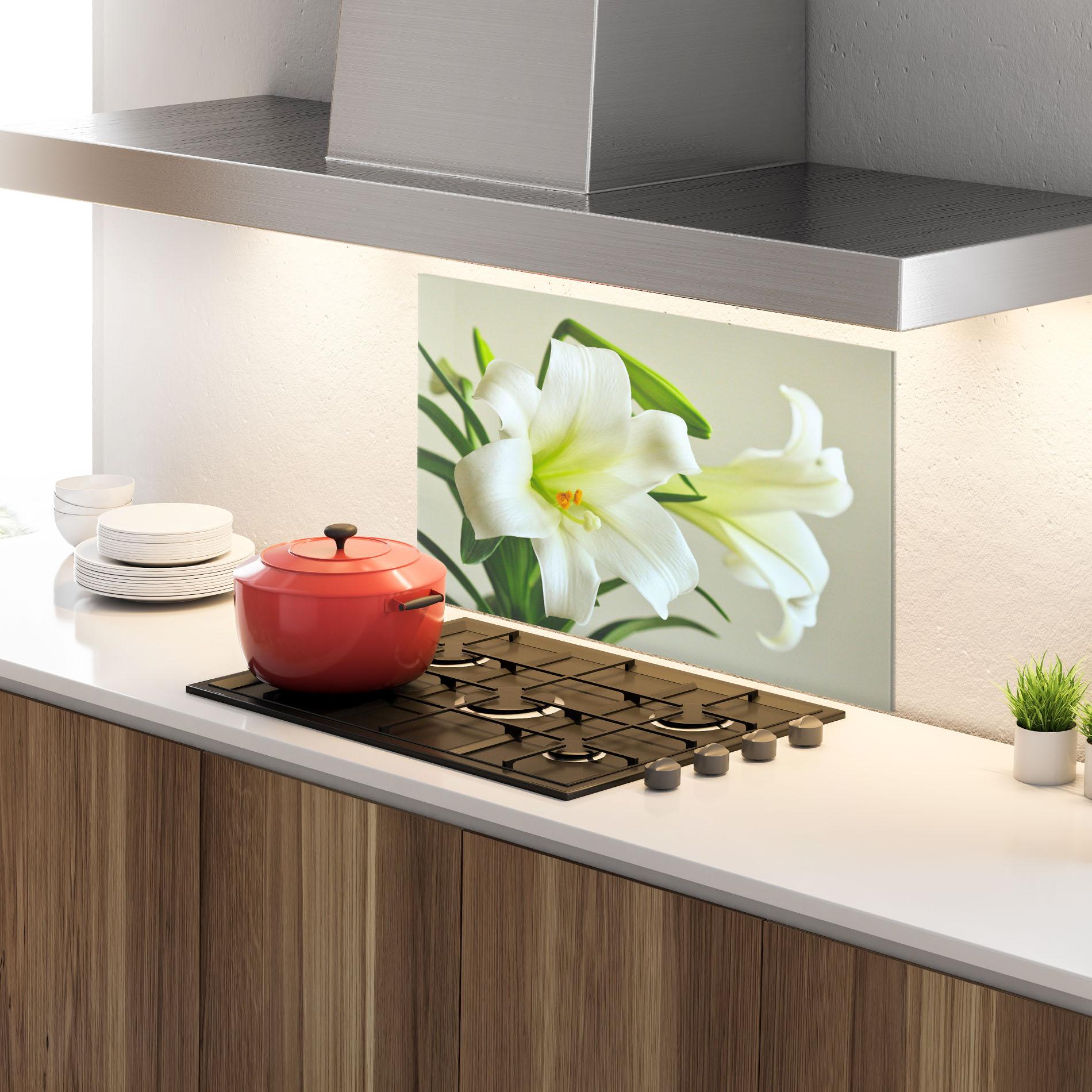Küchenrückwand Glas Green Lily mockup 4
