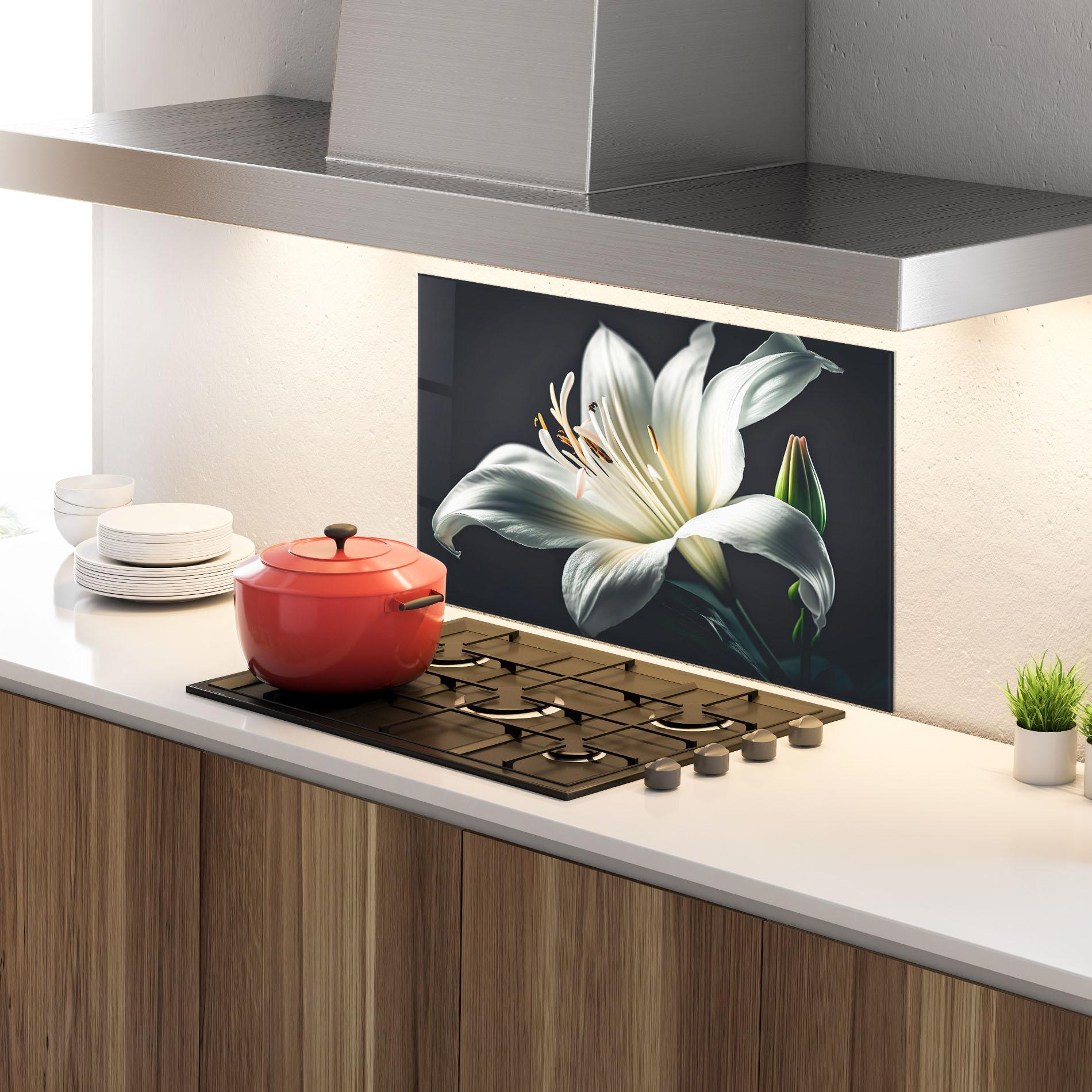 Küchenrückwand Glas Light Grey Lily mockup 4